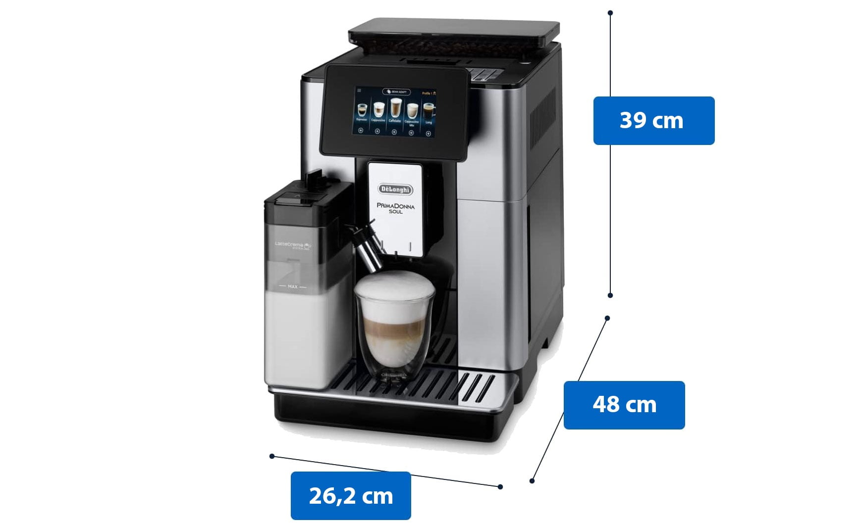 Dimensions de la cafetière expresso avec broyeur Delonghi PrimaDonna Soul.