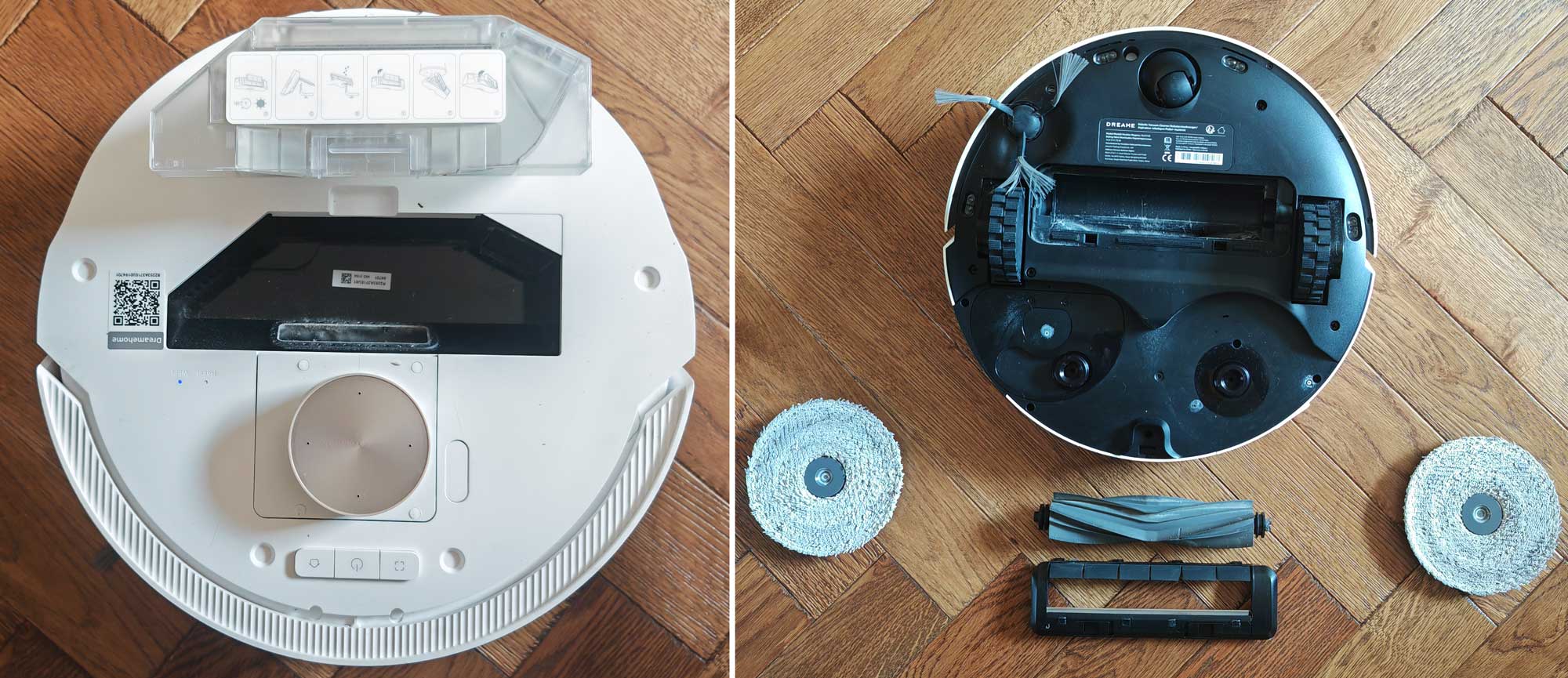 Entretien du robot aspirateur laveur Dreame L20 Ultra : collecteur de poussière, brosse aspirante et patins rotatifs.