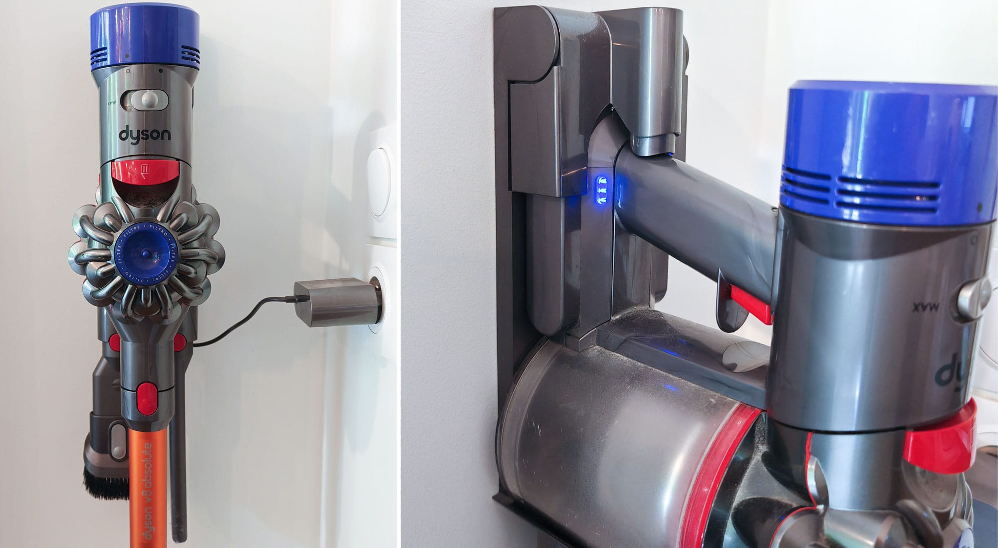 Le Dsyon V8 est livré avec un support mural pour charger l'aspirateur balais et y accrocher ses accessoires. (c) Labo Maison