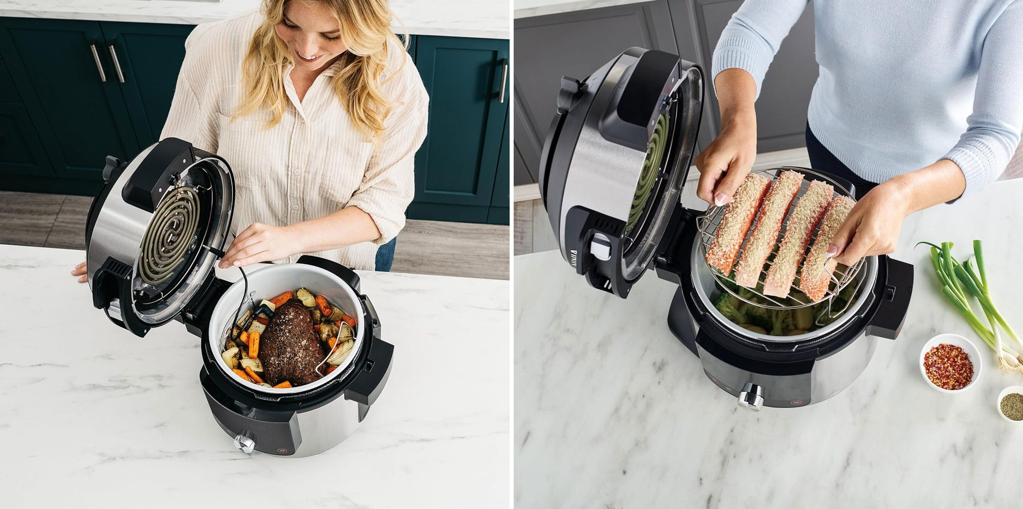 Multicuiseur Ninja Foodi Max OL750EU SmartLid : cuisson sur deux niveaux et une thermosonde pour maîtriser la cuisson de la viande.