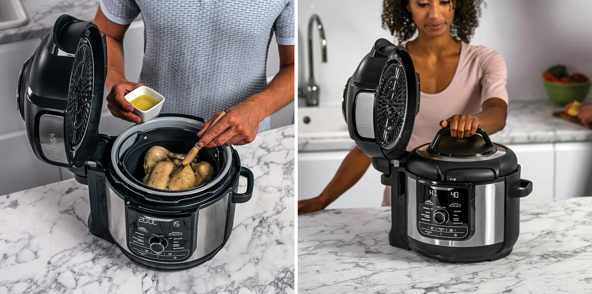 Multicuiseur Ninja Foodi Max OP500EU : deux couvercles : un fixe pour griller, rôtir et frire, et un mobile pour la cuisson sous pression.