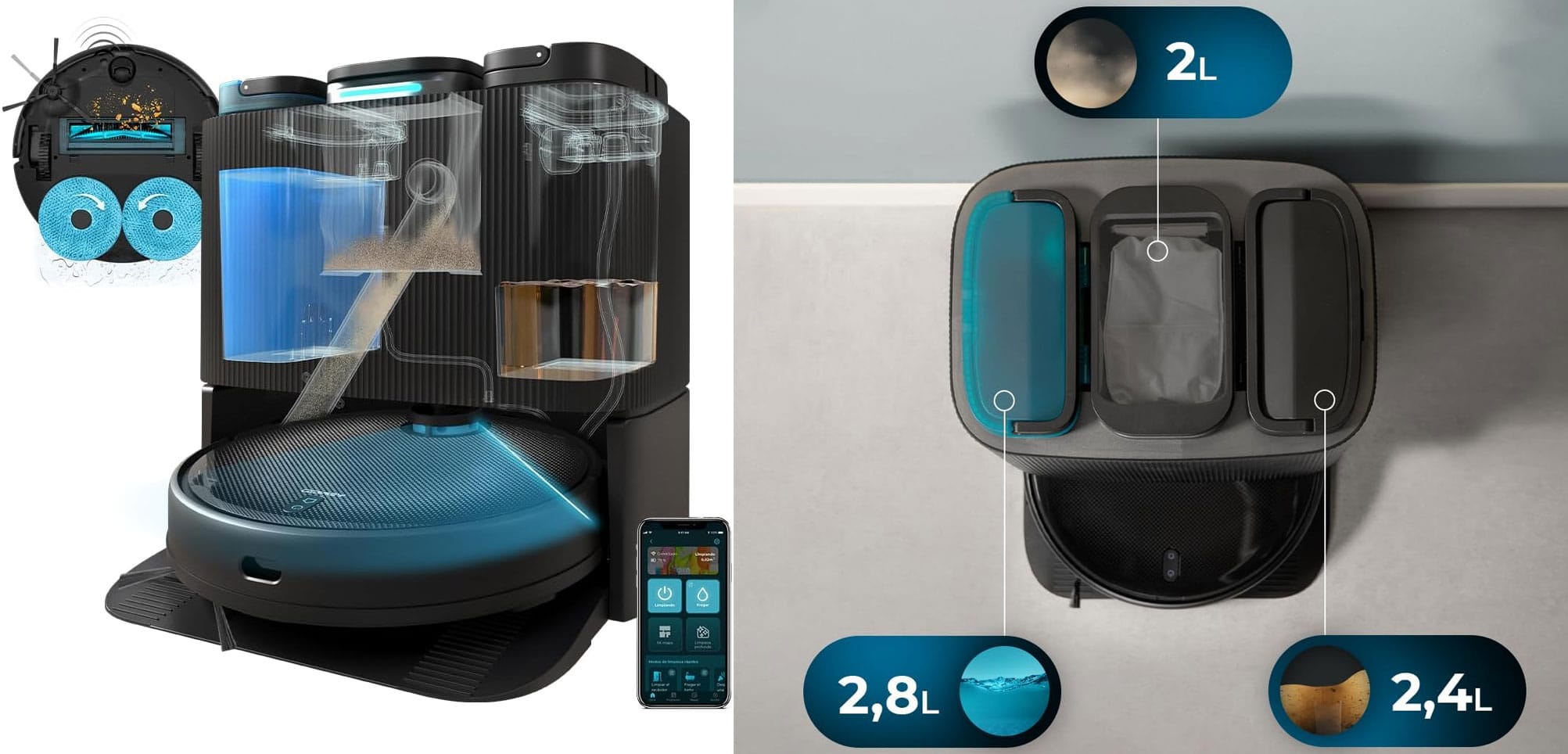 Aspirateur robor laveur Cecotec Conga 11090 Spin Revolution Home&Wash : base multifonction (vidange du collecteur et nettoyage des serpillères)