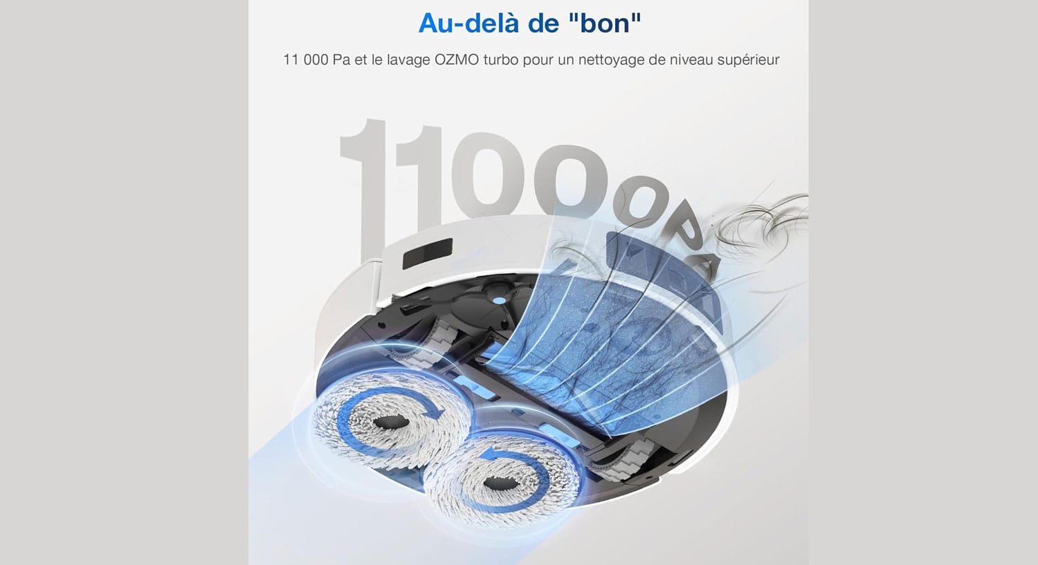 Aspirateur robot Ecovacs Deebot T30 Pro Omni : un puissance d'aspiration annoncée de 11000 Pa.