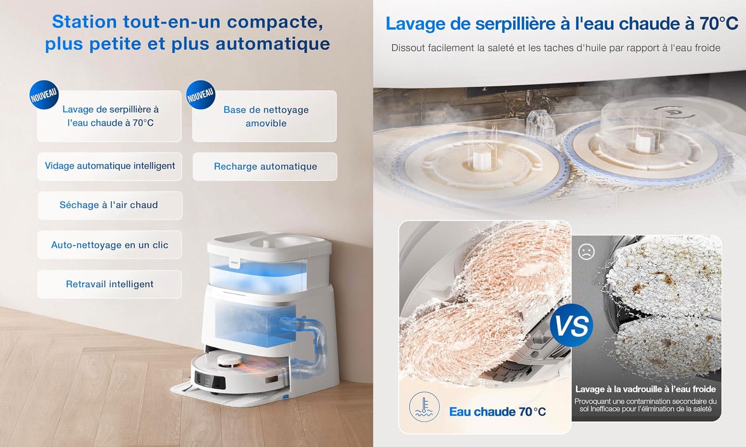 Station du Ecovacs Deebot T30 Pro Omni : vidange automatique du collecteur, lavage et séchage des patins / serpillères et remplissage du réservoir d'eau du robot.