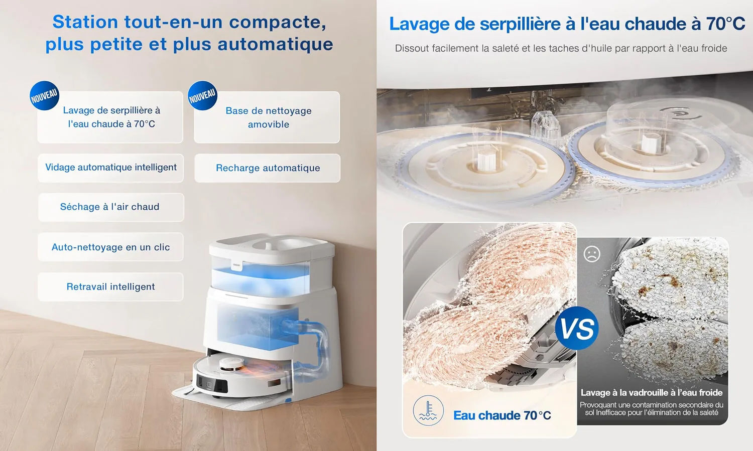 Station du Ecovacs Deebot T30 Pro Omni : vidange automatique du collecteur, lavage et séchage des patins / serpillères et remplissage du réservoir d'eau du robot.