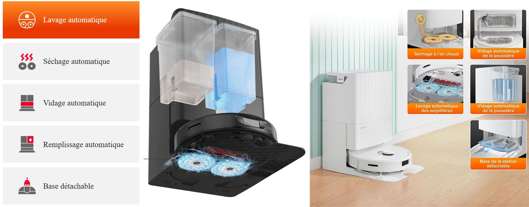 Base du robot aspirateur Roborock Q Revo : aspire le collecteur, lave et sèche les patins.