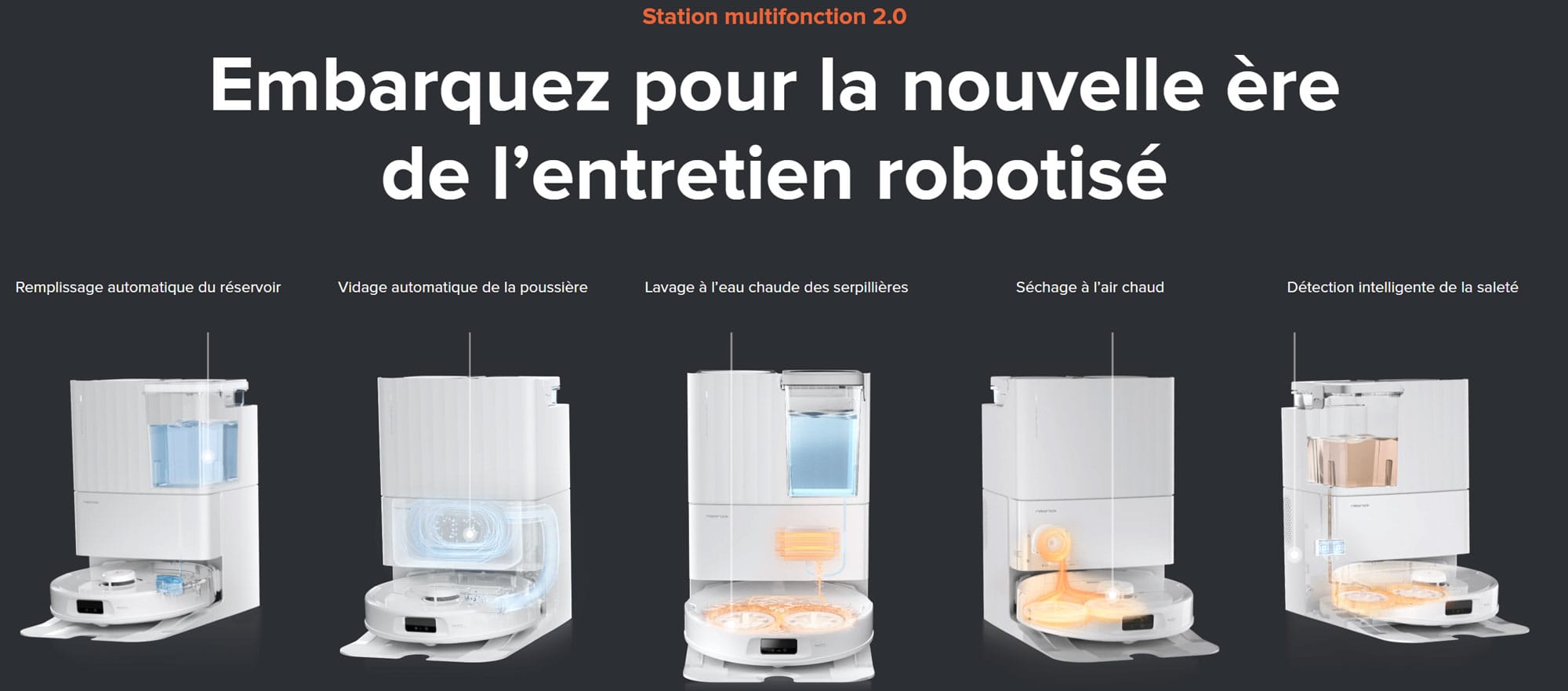 Station multifonction de l'aspirateur robot maveur Roborock Qrevo MaxV : vidange automatique de la poussière, lavage à l'eau chaude des serpillères, séchage air chaud et remplissage réservoir d'eau.