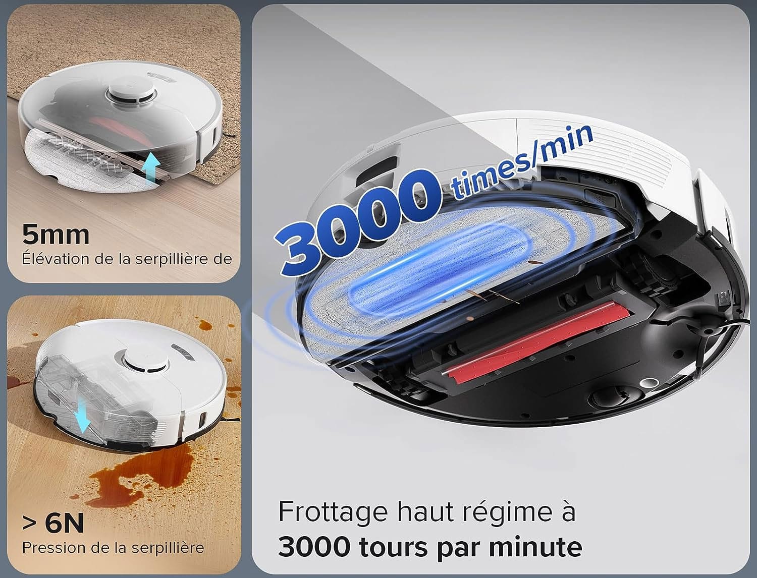 Aspirateur robot Roborock S7 Max Ultra : serpillère « VibraRise » qui agit par vibrations (3000/min).
