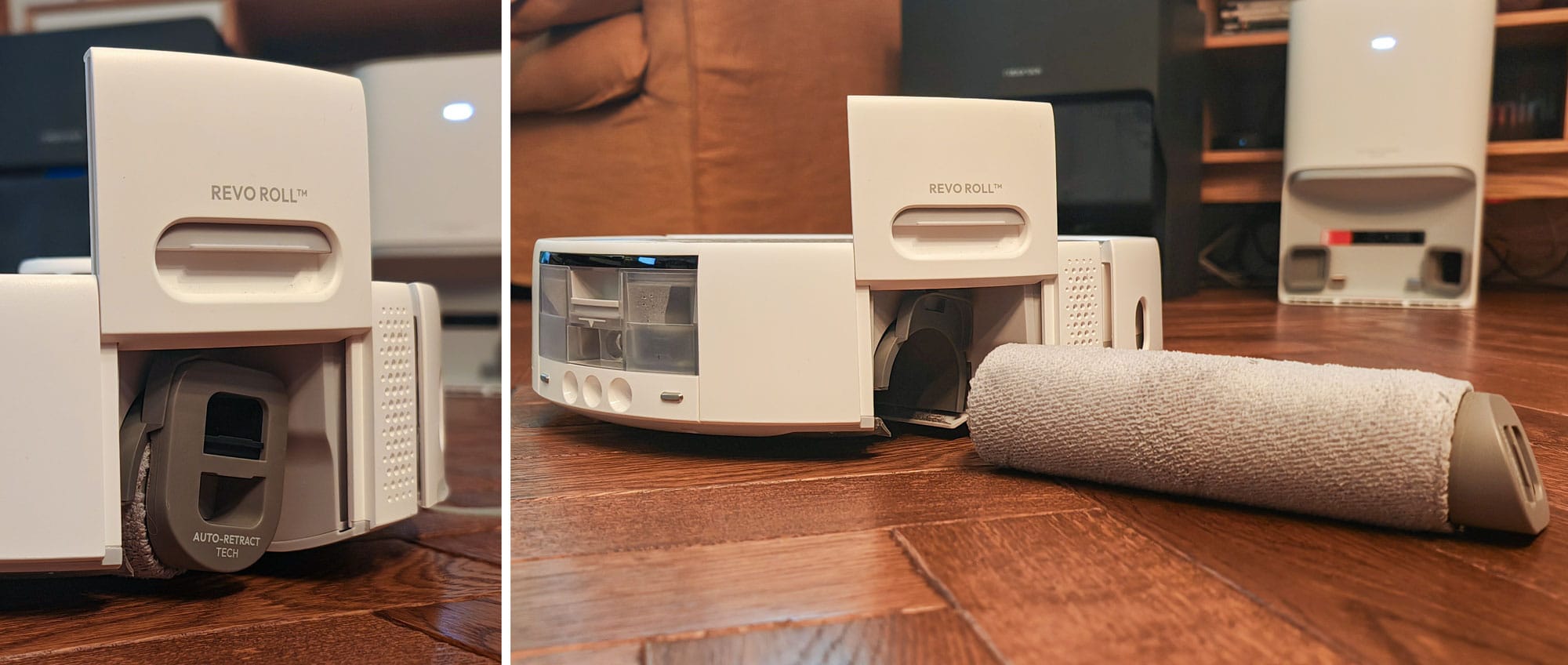 Système de nettoyage par rouleau : réservoir d'eau propre et sale avec auto-nettoyage. (c) Labo Maison