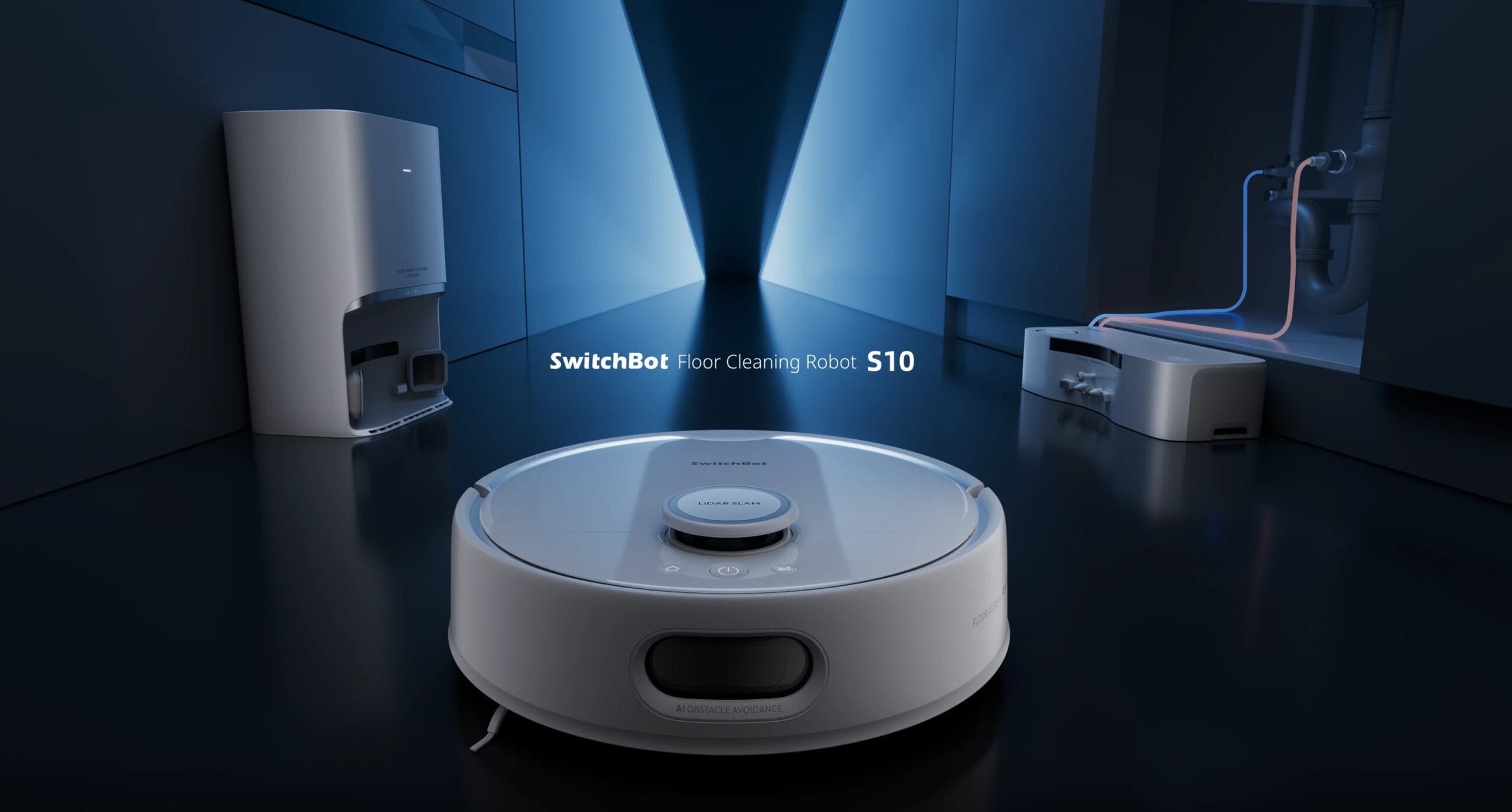 Stations d'aspiration des déchets et d'évacuations de l'eau du robot aspirateur SwitchBot S10.