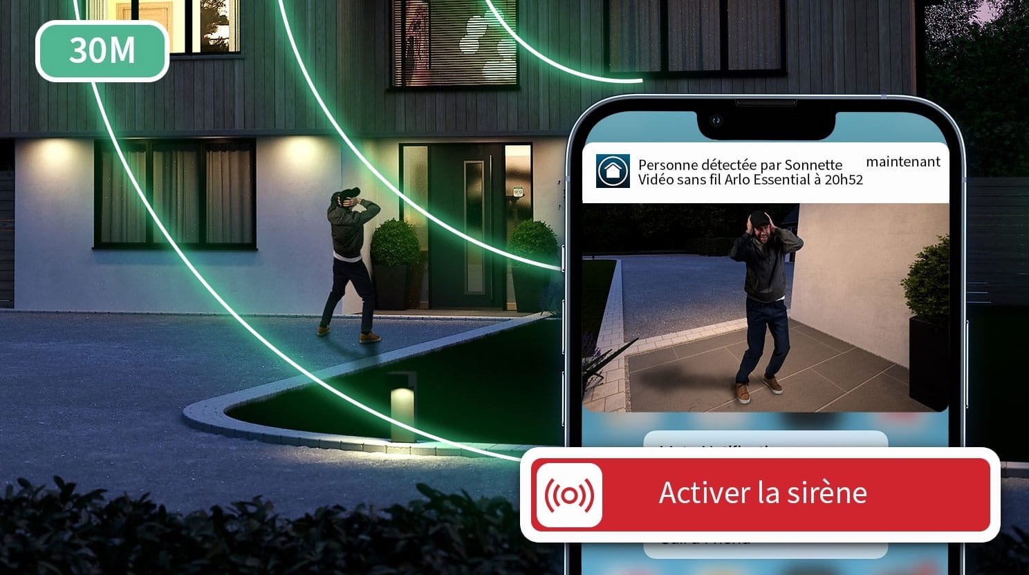Arlo Essential Wireless Video Doorbell : microphone, haut-parleur et alarme.