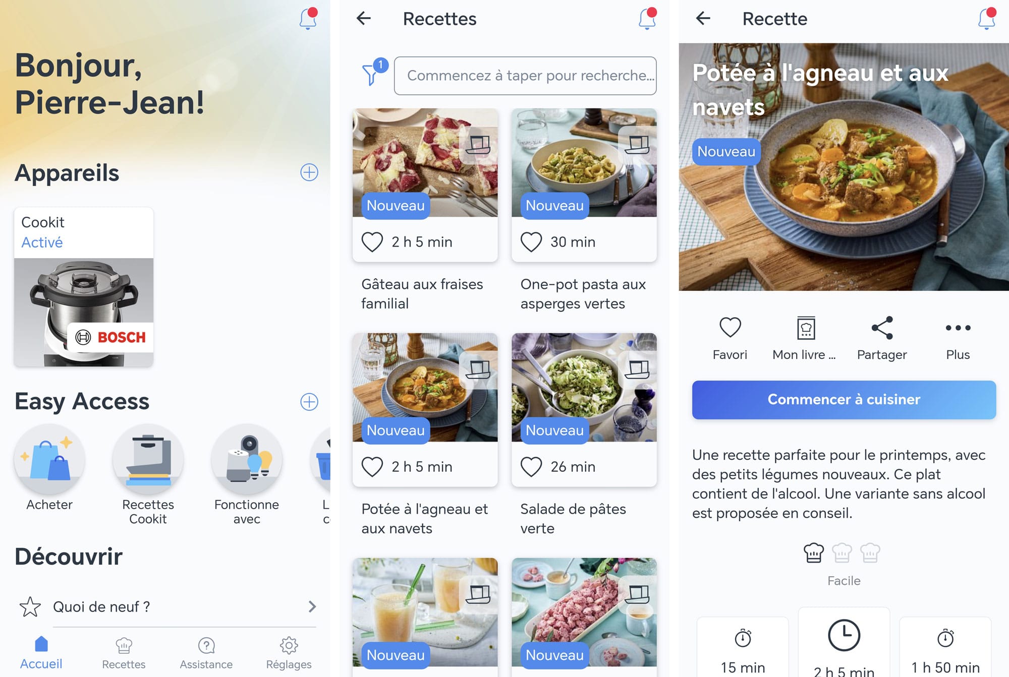 Application Home Connect gratuite : pilotage du robot à distance et plus de 2000 recettes sont disponibles en ligne.