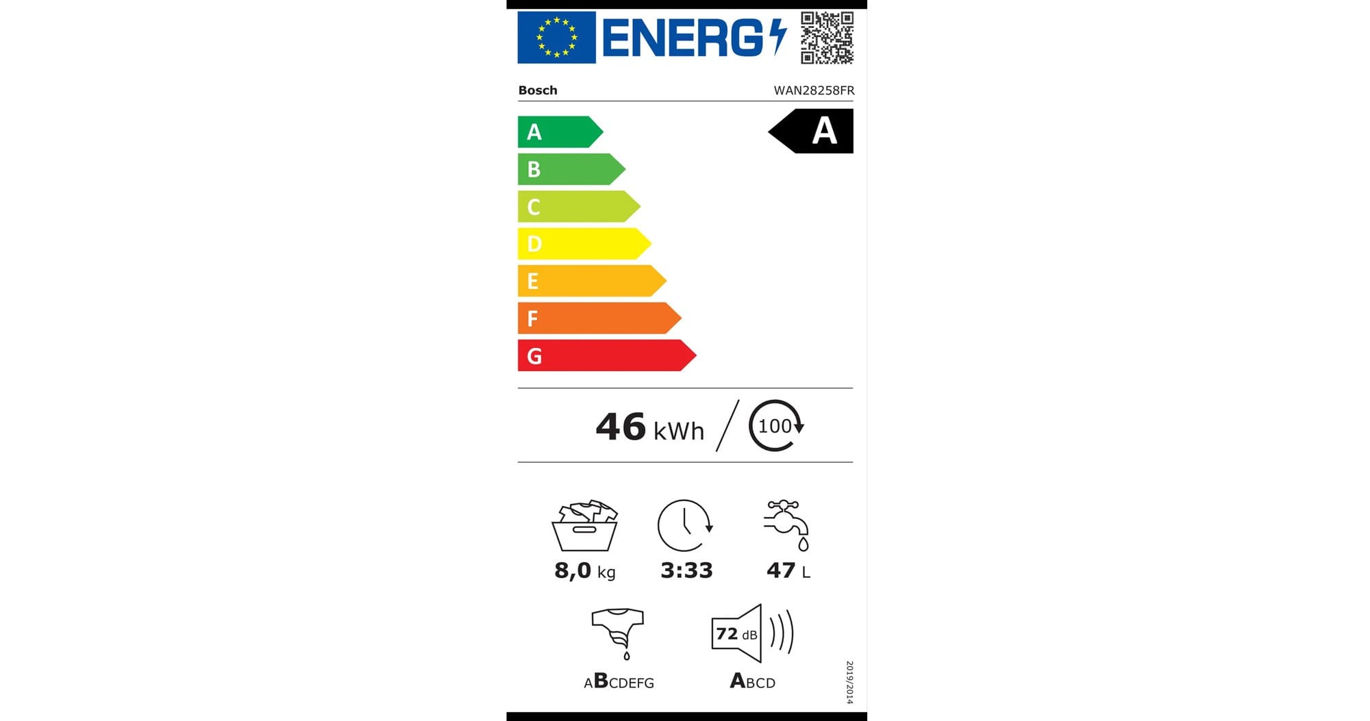 Lave linge Bosch WAN28258FR : classé A en efficacité énergétique.