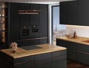La nouvelle cuisine Philharmonie de De Dietrich avec ses fours, lave-vaisselle, plaques induction et cave à vin premium.