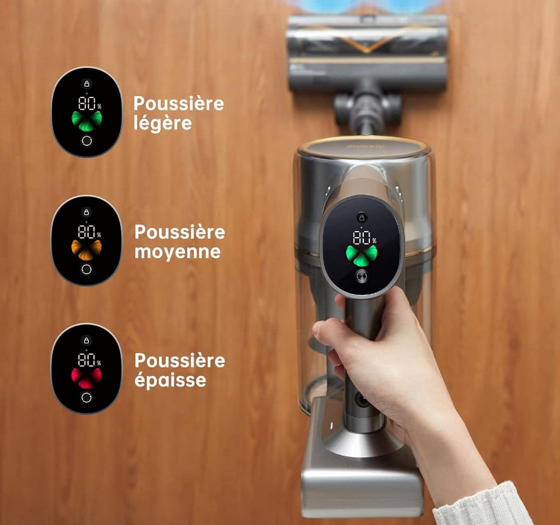 Ecran du Dreame R20 : autonomie restante et niveau de puissance.