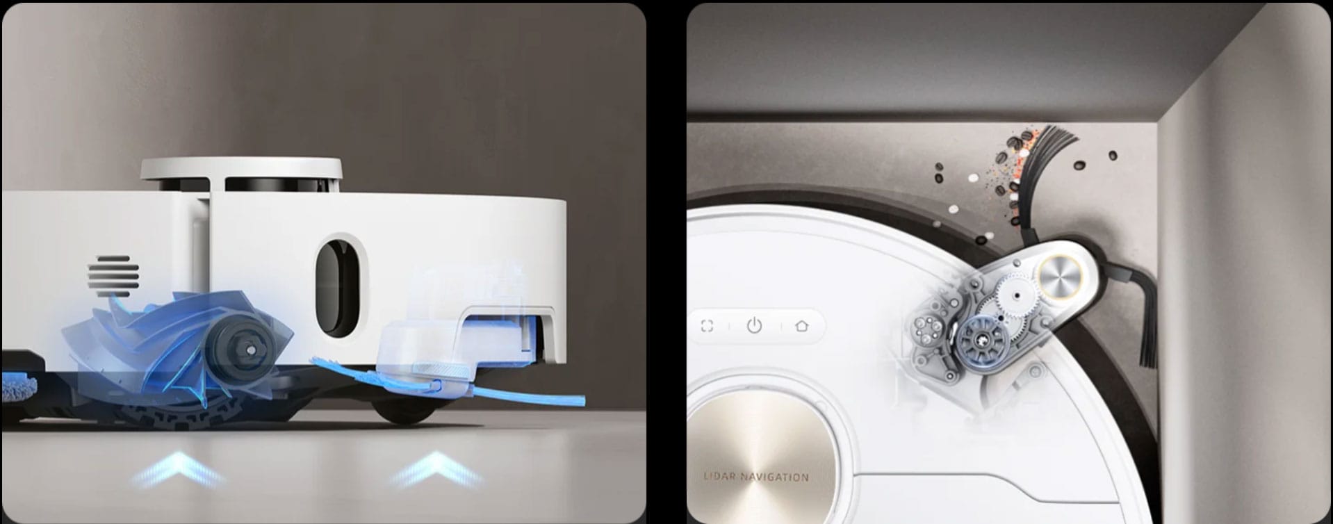Aspirateur robot laveur Dreame X40 Master : SideReach, une brosse latérale extensible.