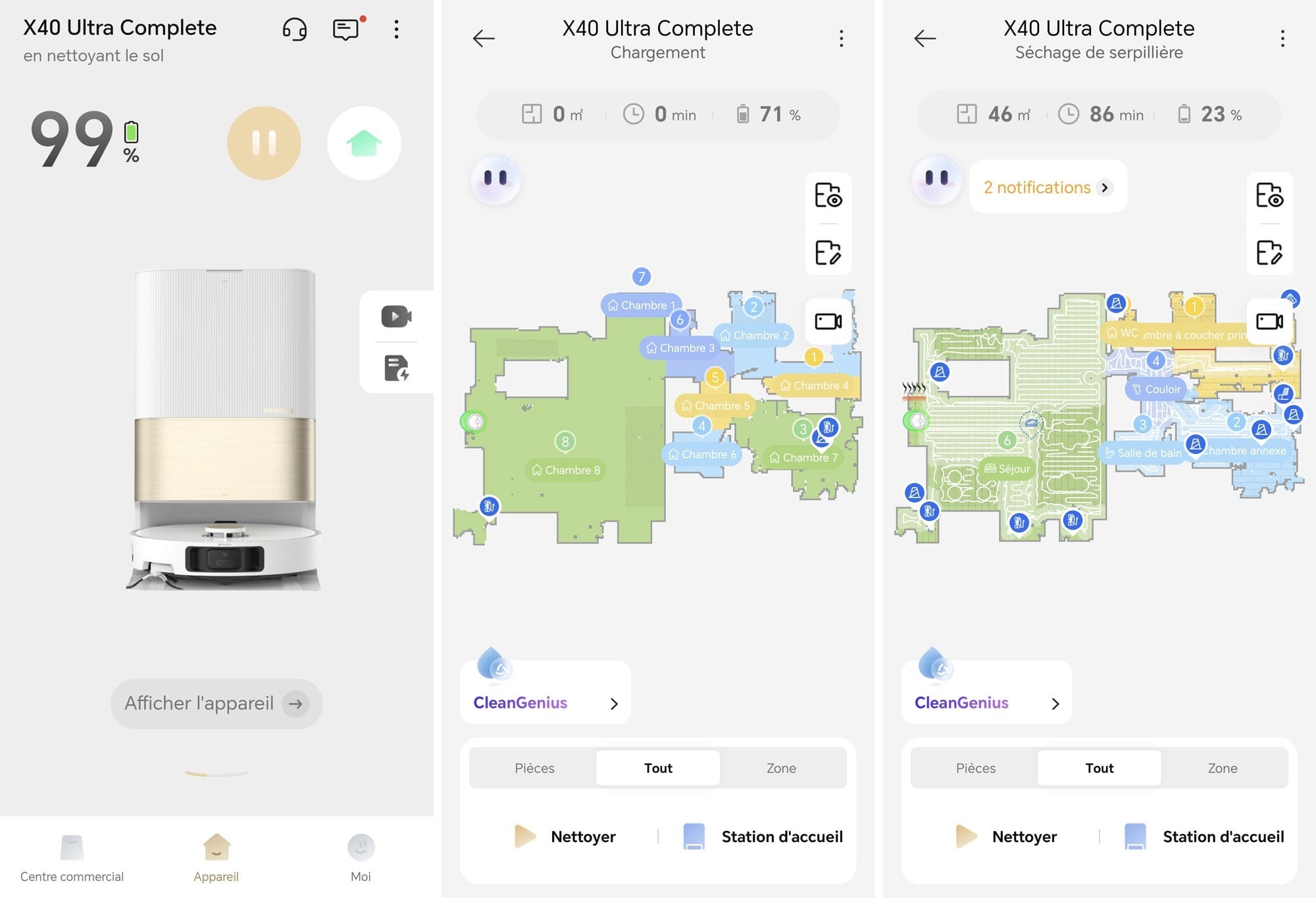 Application du Dreame X40 Ultra : une cartographie précise et une bonen détection des pièces.