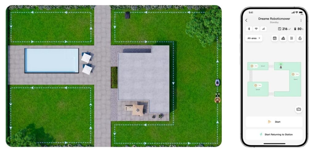 Robot tondeuse Dreame Roboticmower A1 : robot connecté pilotable via l'application.