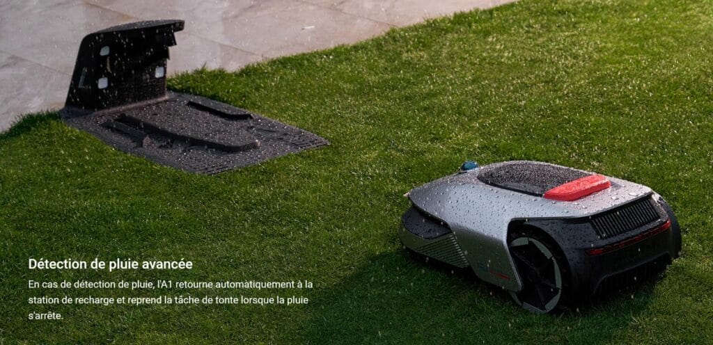 Robot tondeuse Dreame Roboticmower A1 : IPX6 et détection de pluie.