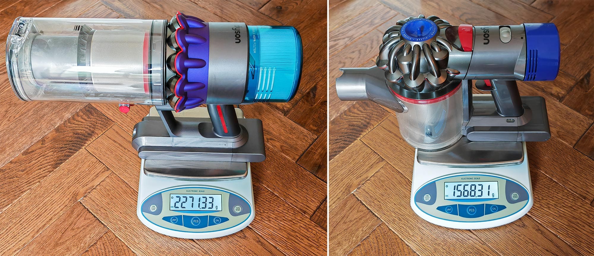 L'aspirateur balai Dsyon Gen5 Detect pèse 2,271 kg contre 1,568 kg pour le Dyson V8, soit une différence de 703 grammes. (c) Labo Maison