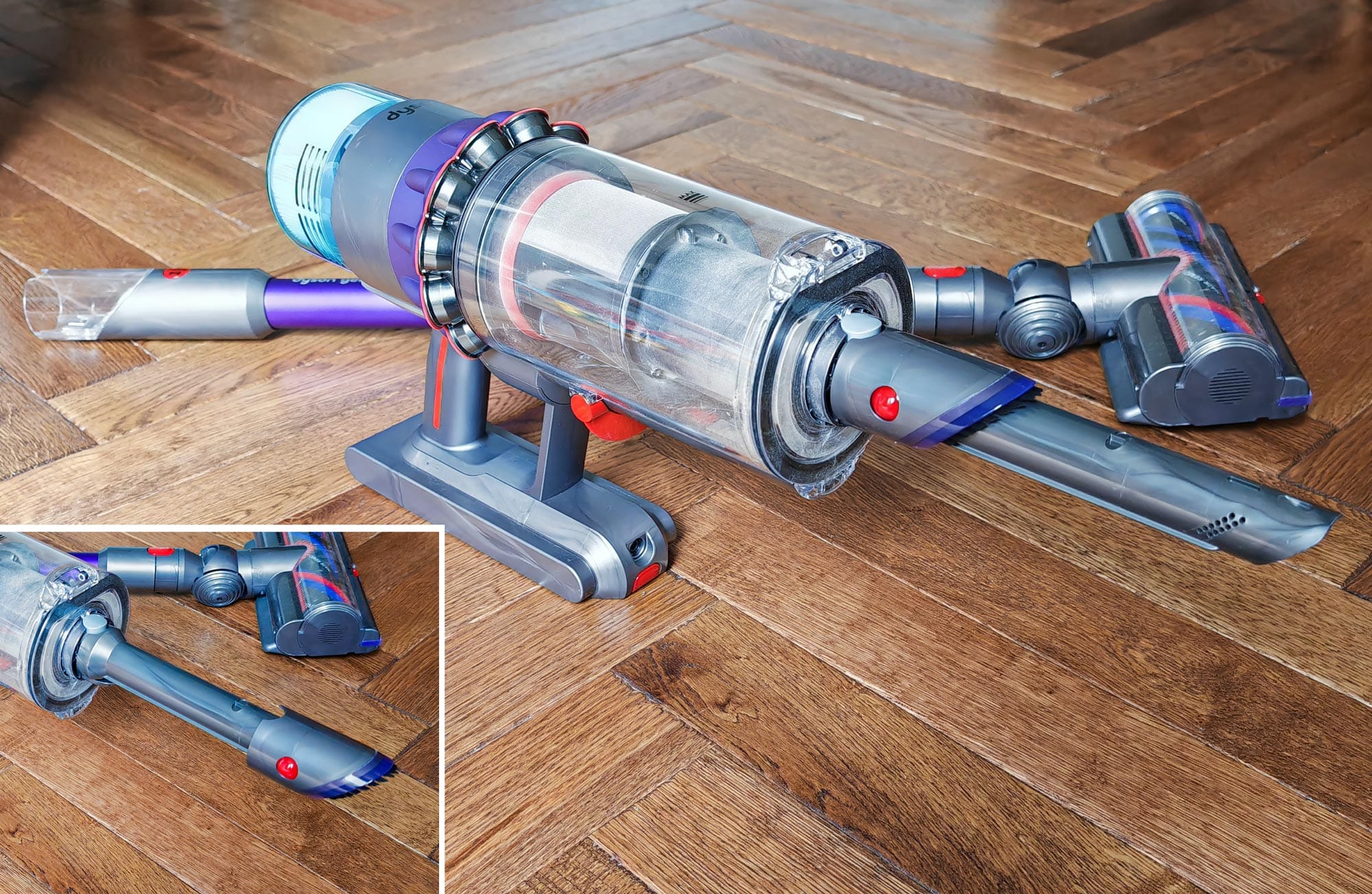 Le suceur long et rond avec une brosse 2-en-1 intégrée dans le manche du Dyson Gen5 Detect. (c) Labo Maison