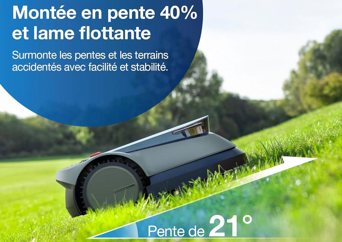 Robot tondeuse Ecovacs Goat GX-600 : monte des pentes jsuqu'à 21 degrés.