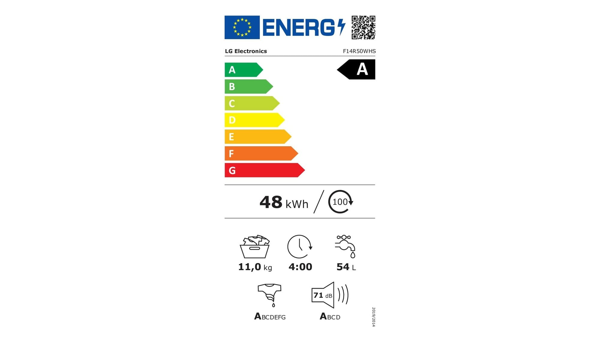 Lave-linge LG F14R50WHS : consommation électrique de 48 kWh/100 cycles et une consommation d'eau de 54 litres/cycle.