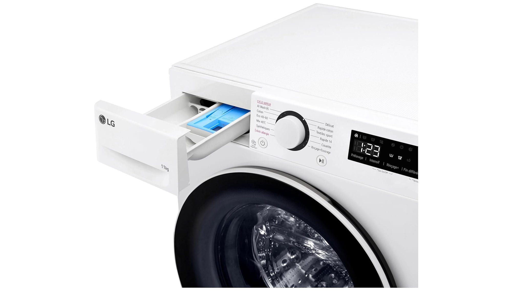 Lave-linge LG F14R50WHS : bac lessive à 3 compartiments amovible.