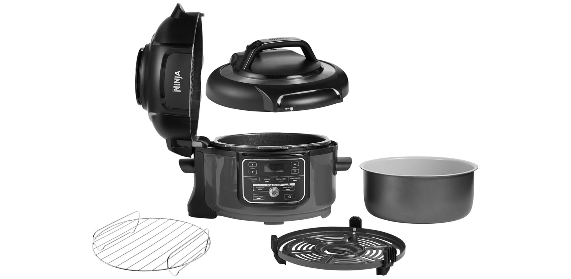 Multicuiseur Ninja Foodi MINI OP100EU : plusieurs accessoires dont une grille métalliquepour la vapeur, un couvercle additionnel pour la cuisson sous pression et le mijotage et un couvercle intégré pour la cuisson à l'air chaud.
