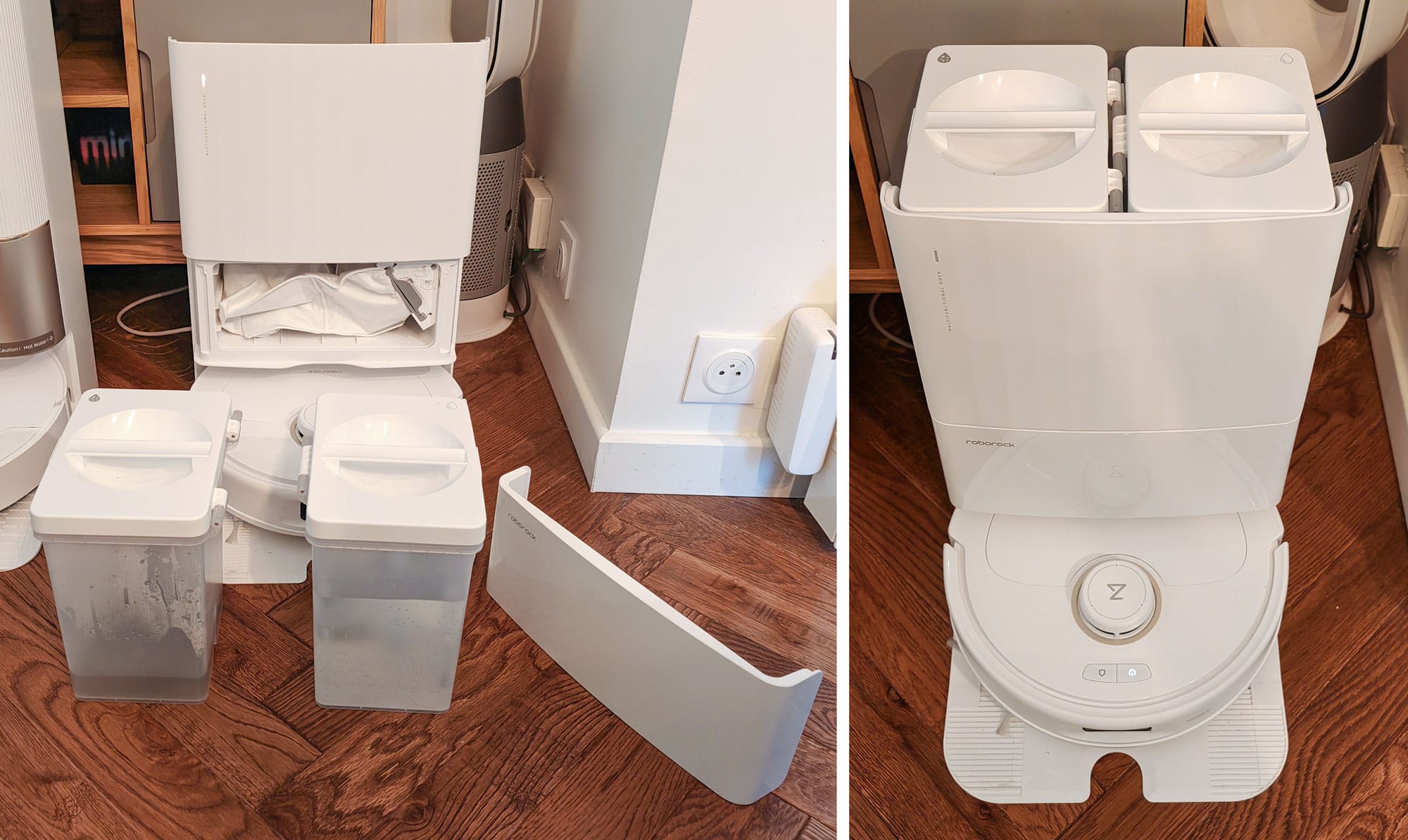 Station du Roborock Qrevo MaxV : aspire le collecteur, lave à l'eau chaude et sèche à l'air chaud les serpillères rotatives.