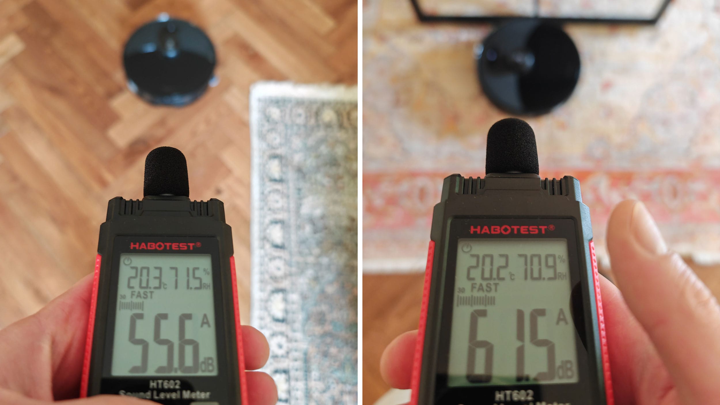 Mesure de bruit : 55,6 dB(A) en aspiration sur sols durs et 61,5 dB(A) sur tapis.