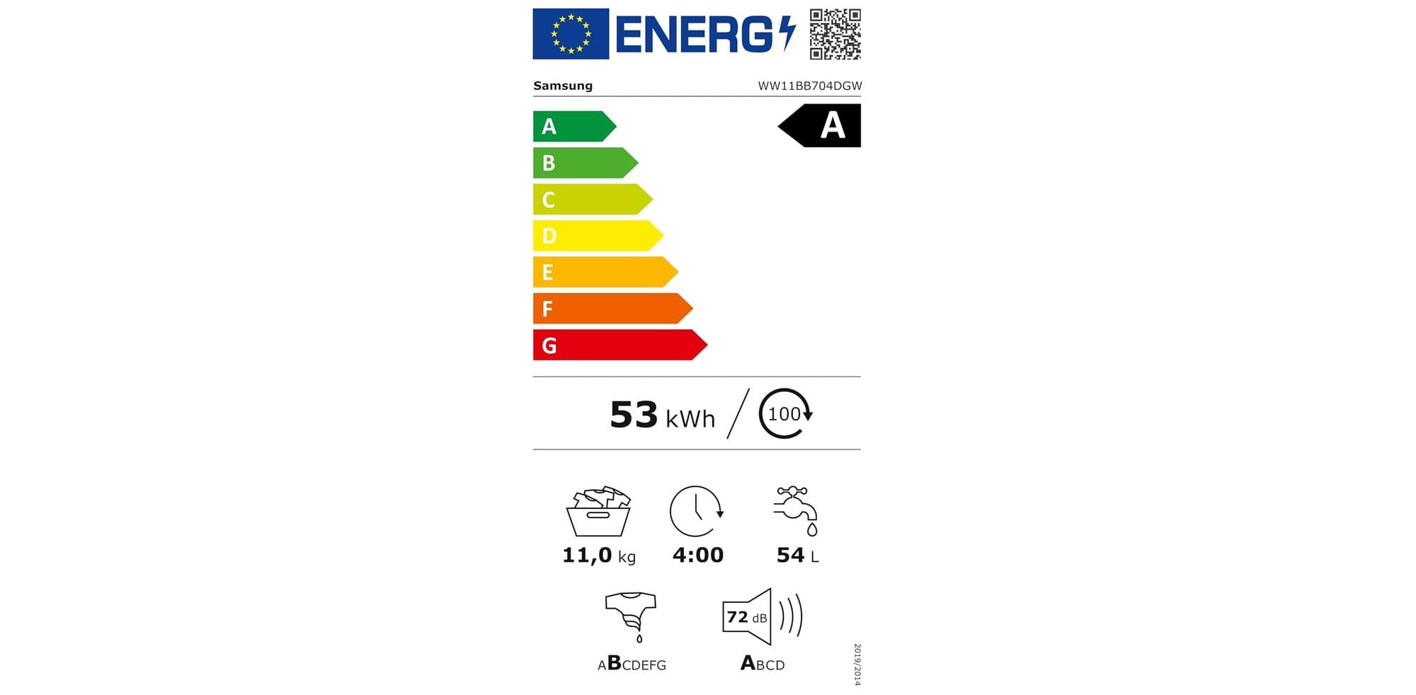 Lave linge Samsung WW11BB704 : classe énergétique A.