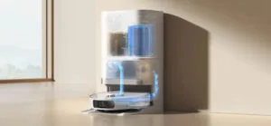 Station du robot aspirateur / laveur Xiaomi Robot Vacuum X20+ : elle aspire le collecteur, lave les patins et les sèche.