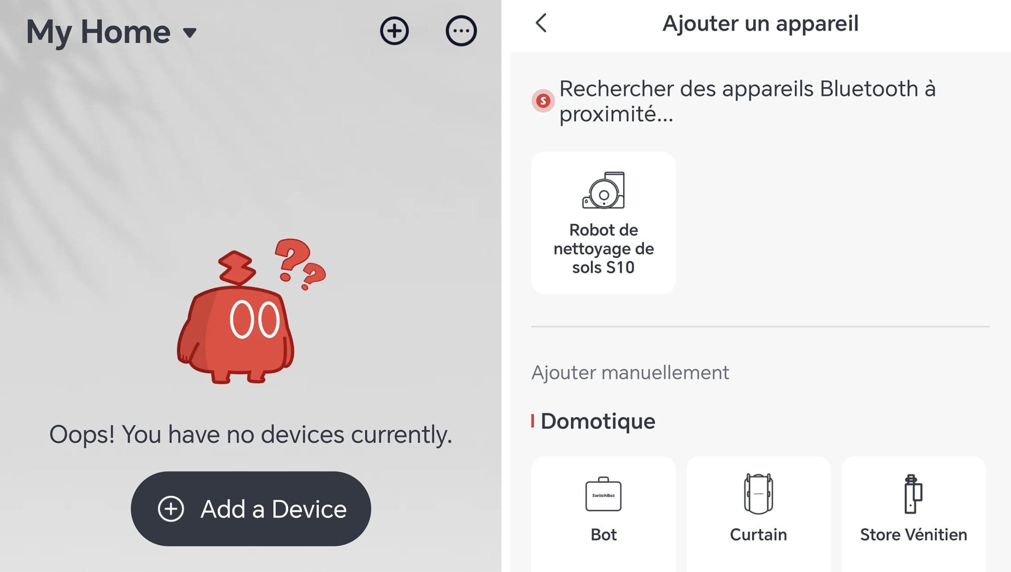Recherche et ajout du robot aspirateur en Bluetooth.