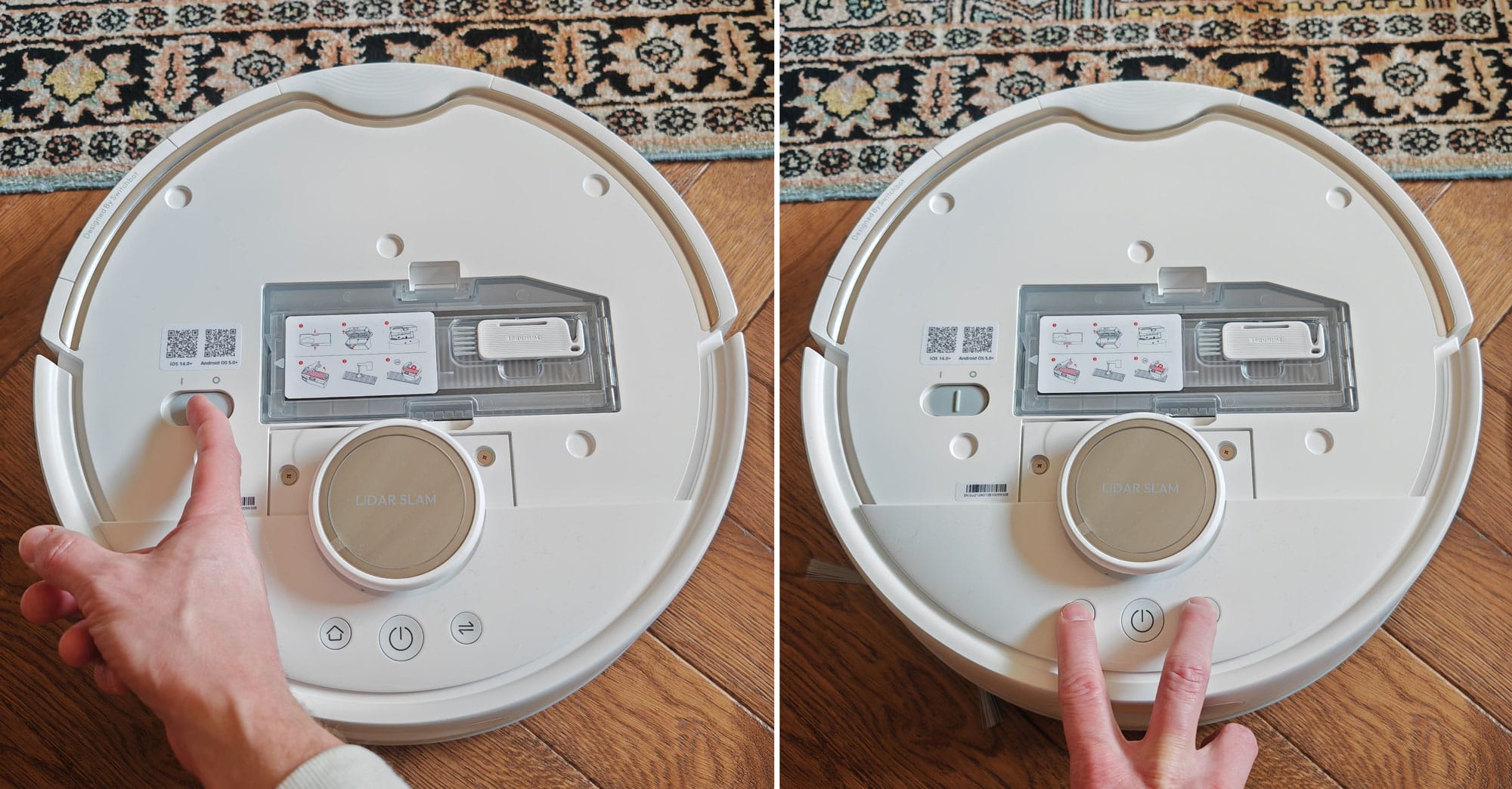 Allumer le robot en poussant l'interrupteur Ver le "I". La réinitialisation du Wifi s'effectue en appuyant 3 secondes sur les boutons "retour à la station" (deux flèches) et "Maison". (c) Labo Maison