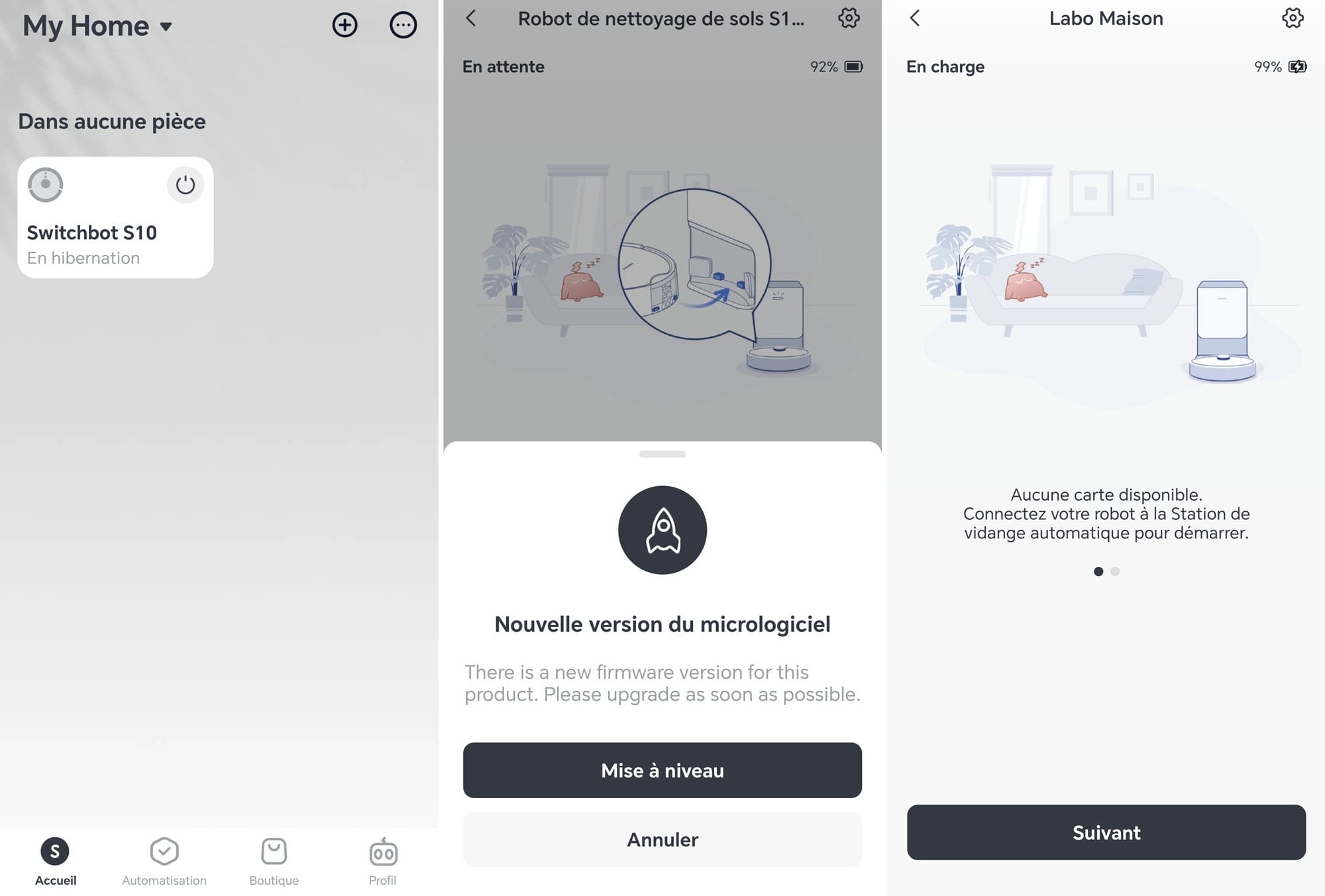 Le robot est ensuite connecté au réseau WiFi. Après avoir miseà jour le robot, le SwitchBot S10 est prêt à cartographier le domicile.