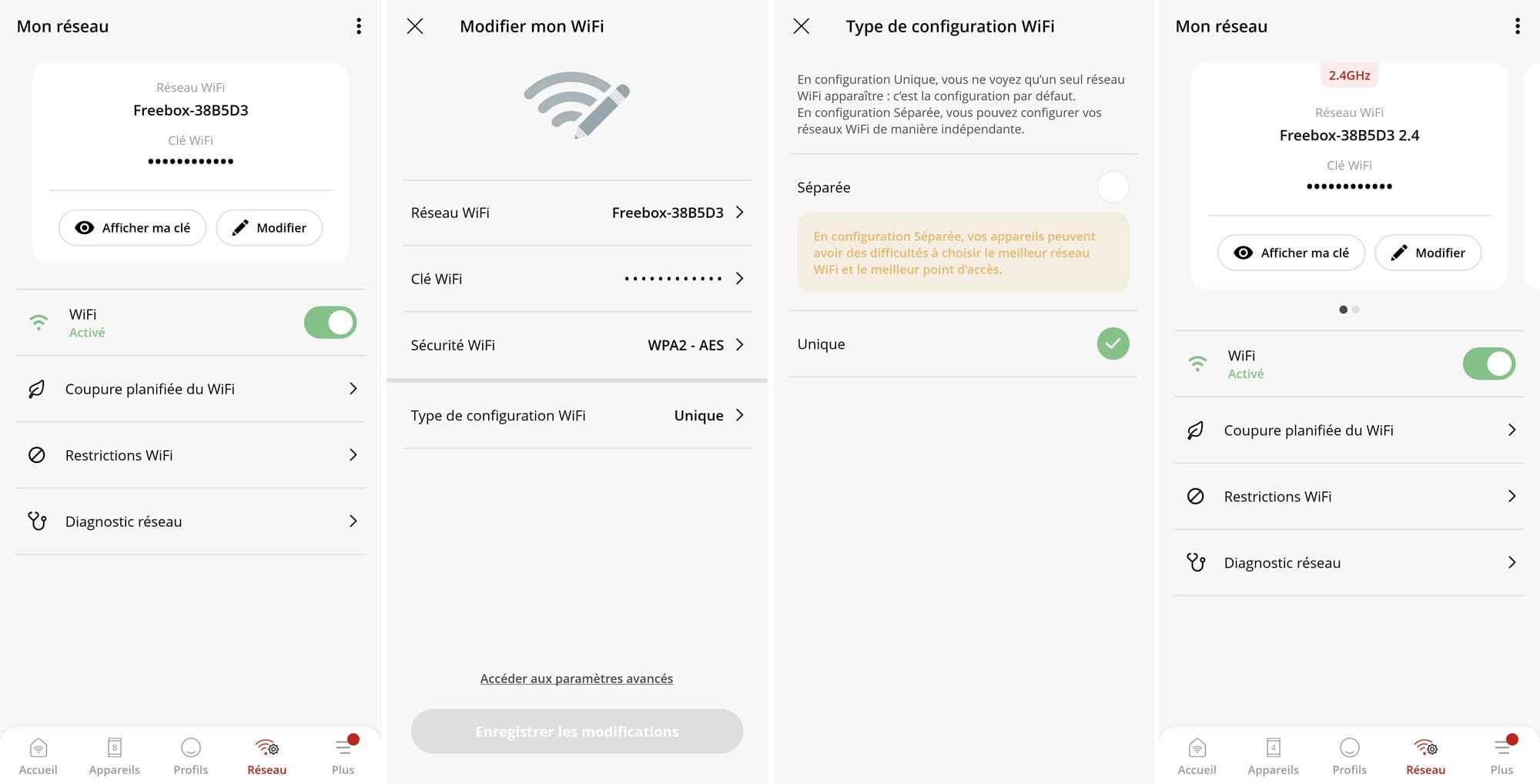 Si le robot n'arrive pas à se connecter au réseau Wifi, il est nécessaire de séparer le réseau 2,4 GHz du 5 GHz. Voici les étapes pour réaliser cette opération sur l'application Free.