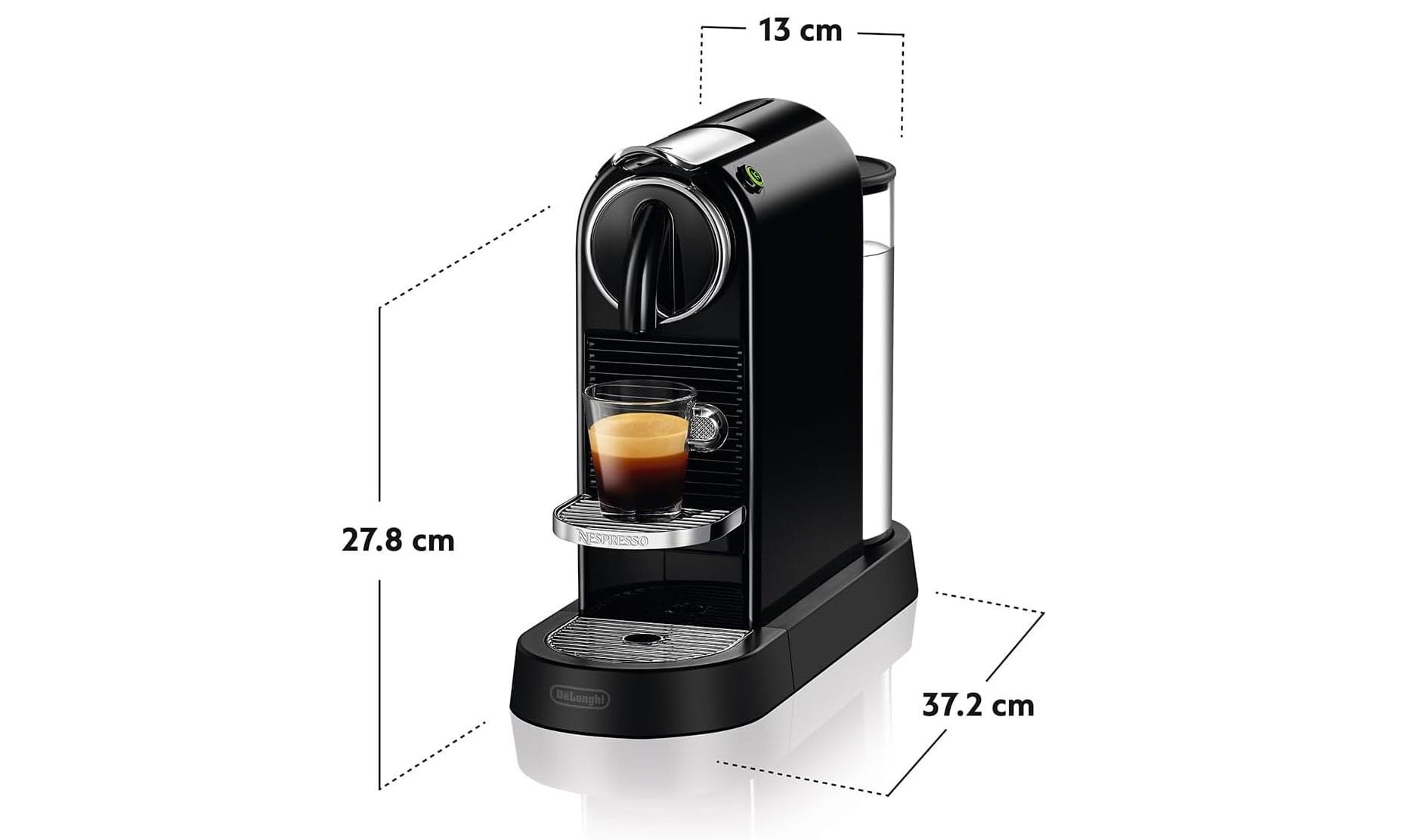 Dimensions de la cafetière à caspules Nespesso Citiz : 13 x 27,8 x 37,2 cm.
