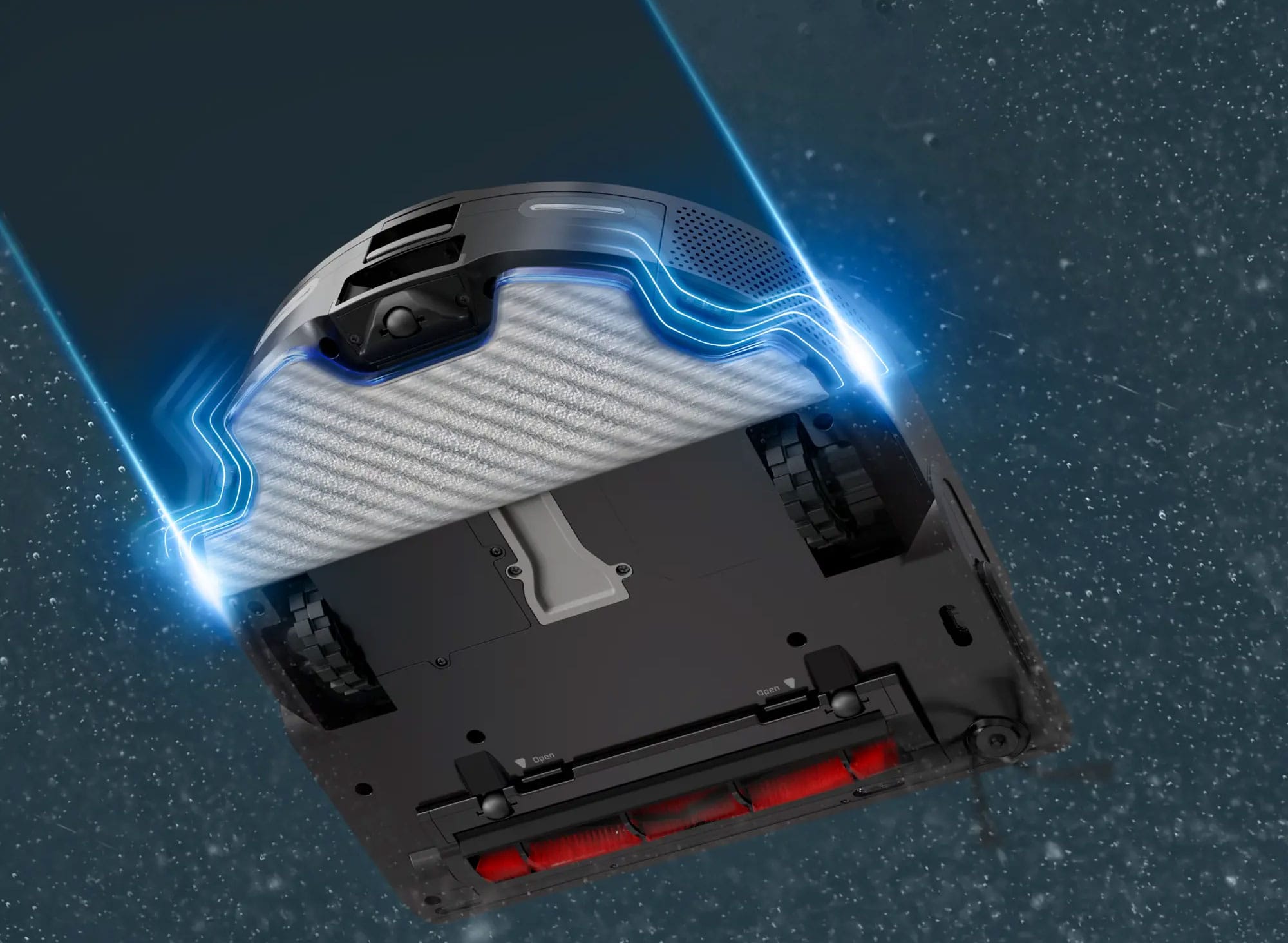 Le Rowenta X-Plorer Serie 240+ AI est équipé d'un lingette vibrante pour laver les sols.
