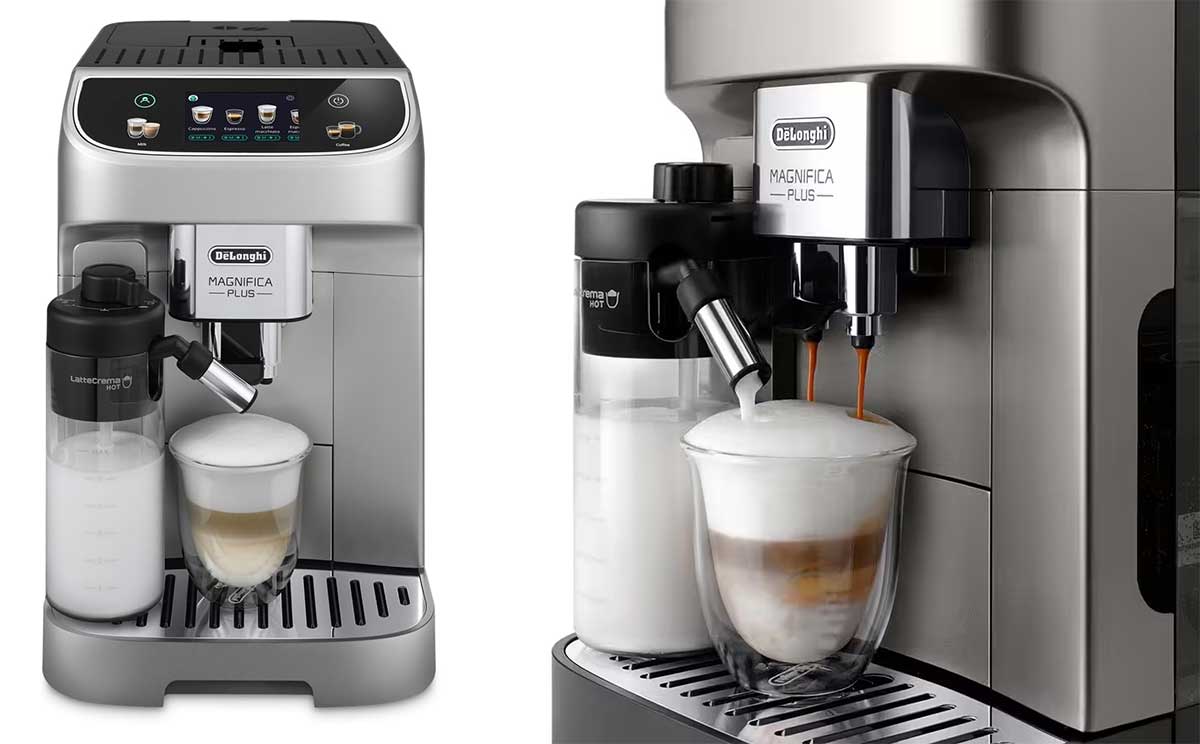 La machine à expresso avec broyeur Delonghi Magnifica Plus dispose d'une carafe à lait LatteCrema Hot réglable sur trois textures de mousses différentes : dense, crémeuse ou légère.