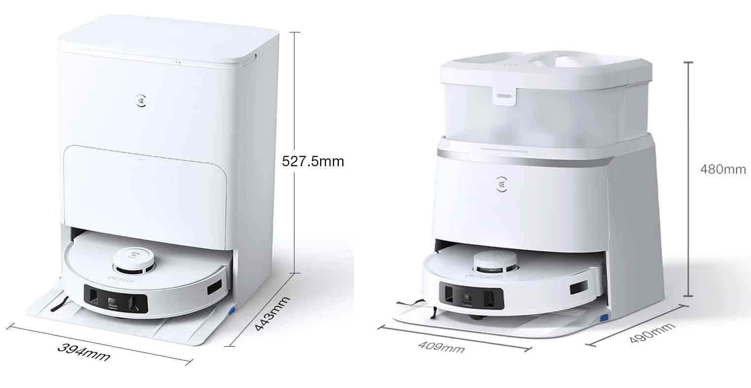 Comparaison des stations : la station du T30S est plus haute mais moins large et moins profonde que celle du T30 Pro Omni.