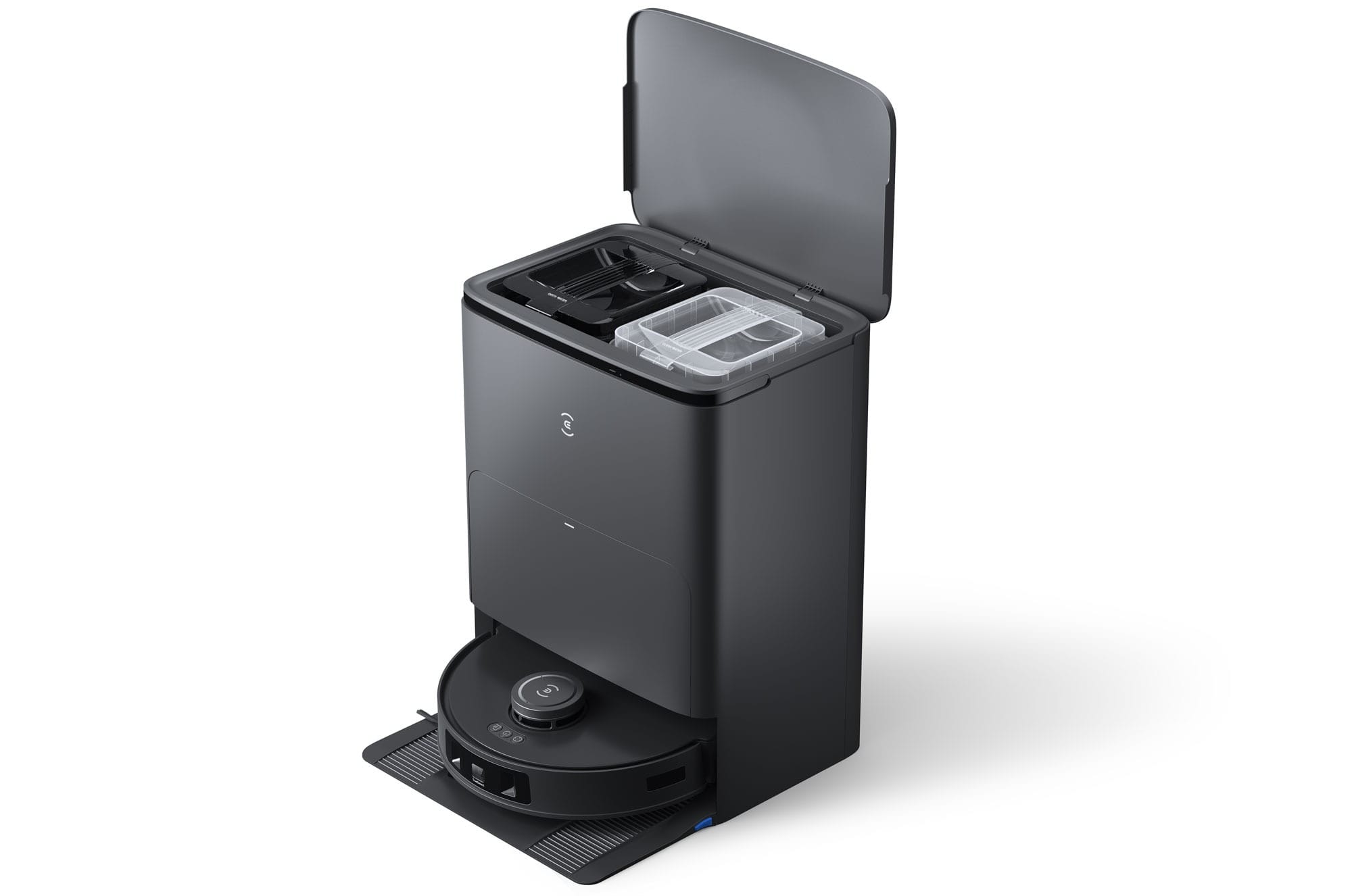 La station du robot aspirateur laveur aspire le collecteur, lave les serpillières à l'eau chaude (70°C) et les sèche à l'air chaud.