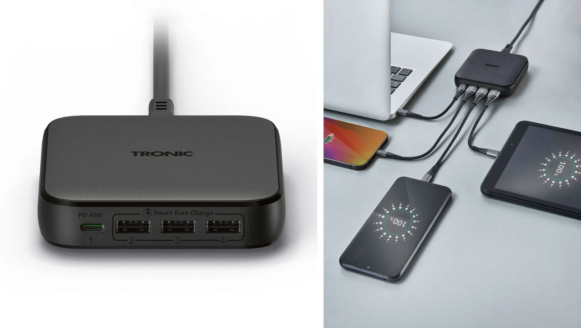 Le chargeur Lidl Tronic Chargeur USB 65 W propose 4 ports USB : 1 USB-C et 3 USB-A.