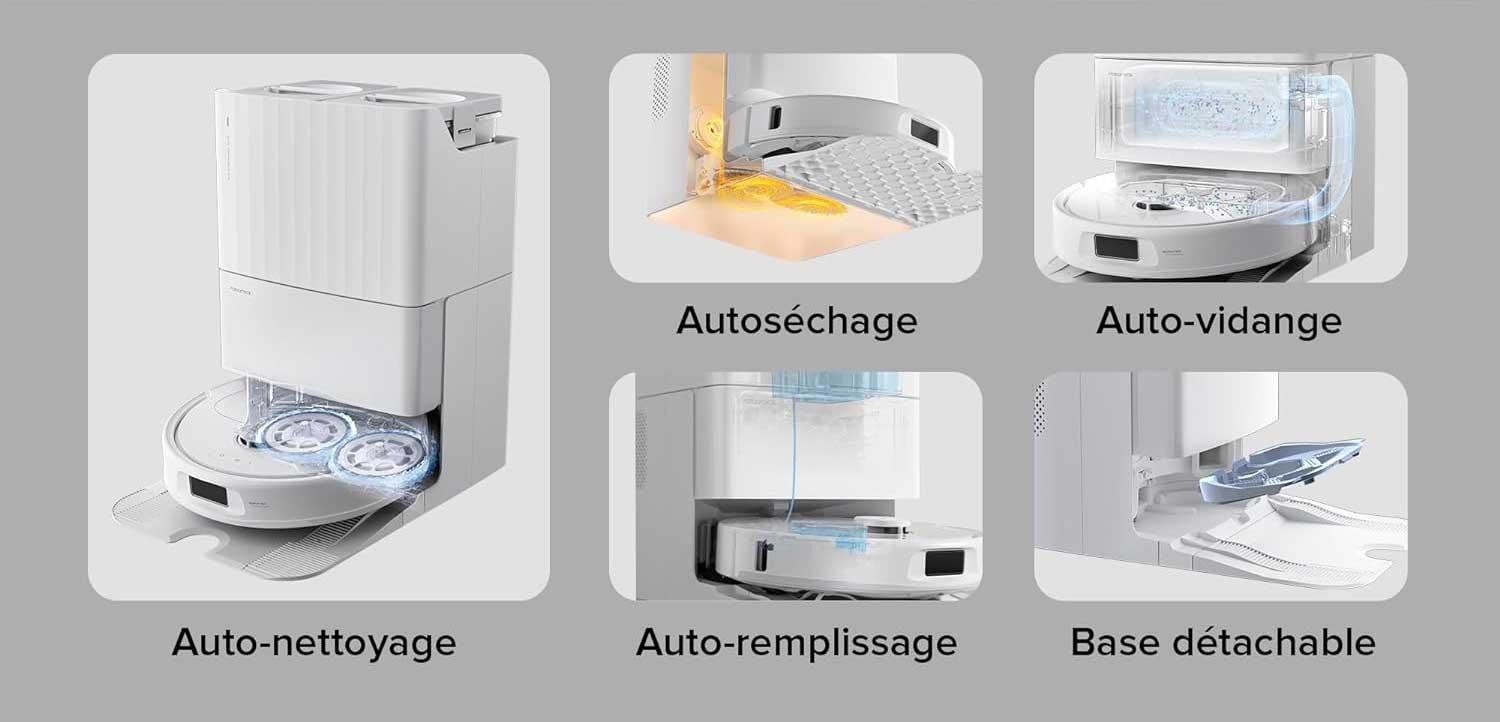 Station multifonction : aspire le collecteur, lave les serpillières et les sèche à l'air chaud.
