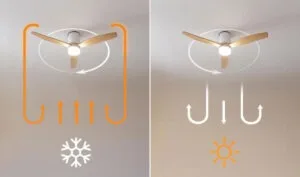 Ventillateur de plafond : mode été et hiver.