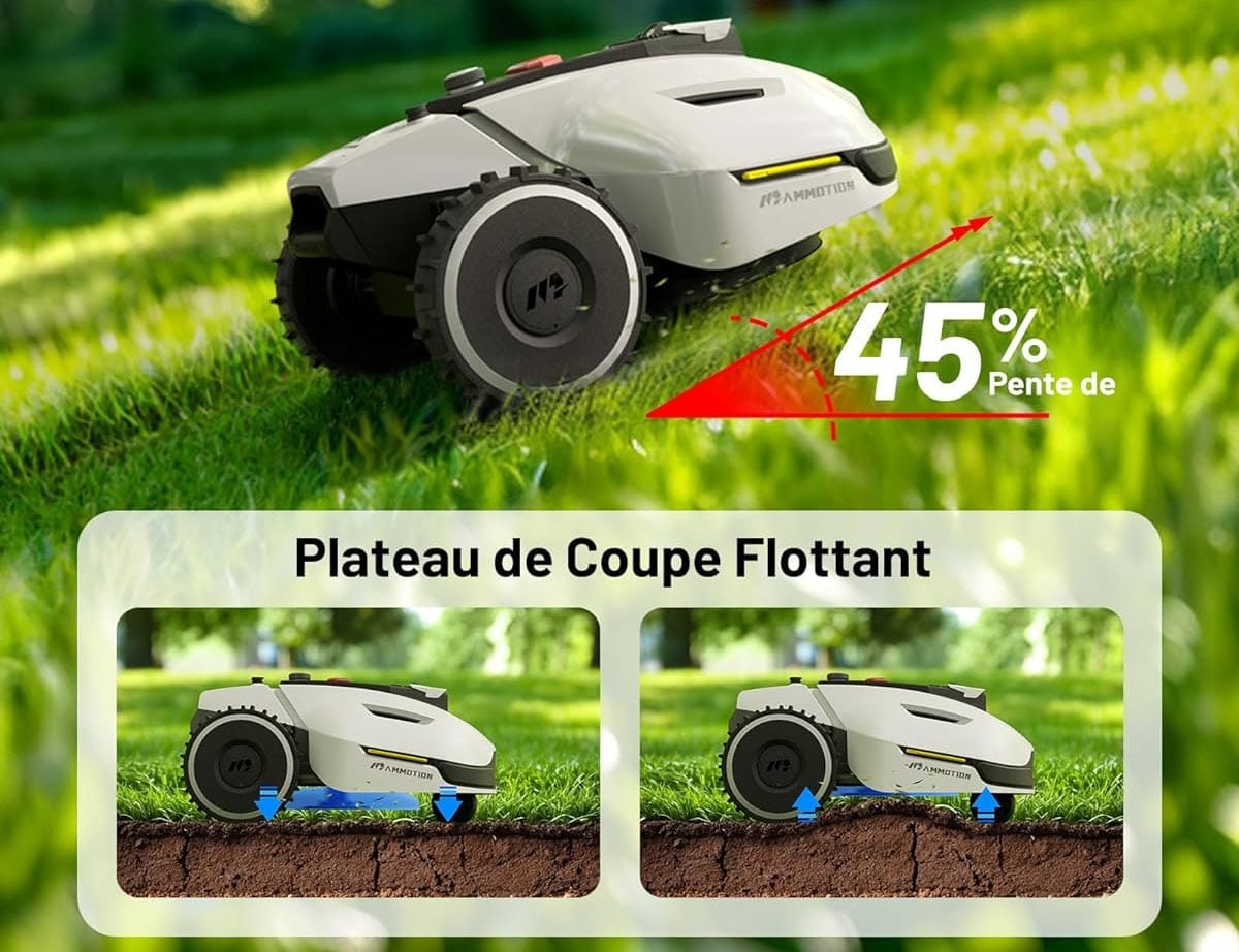 Tonte du robot tondeuse Mammotion Yuka : longueur de tonte ajustable avec système à plateau flottant. Peut monter des pentes jusqu'à 45% (24°).