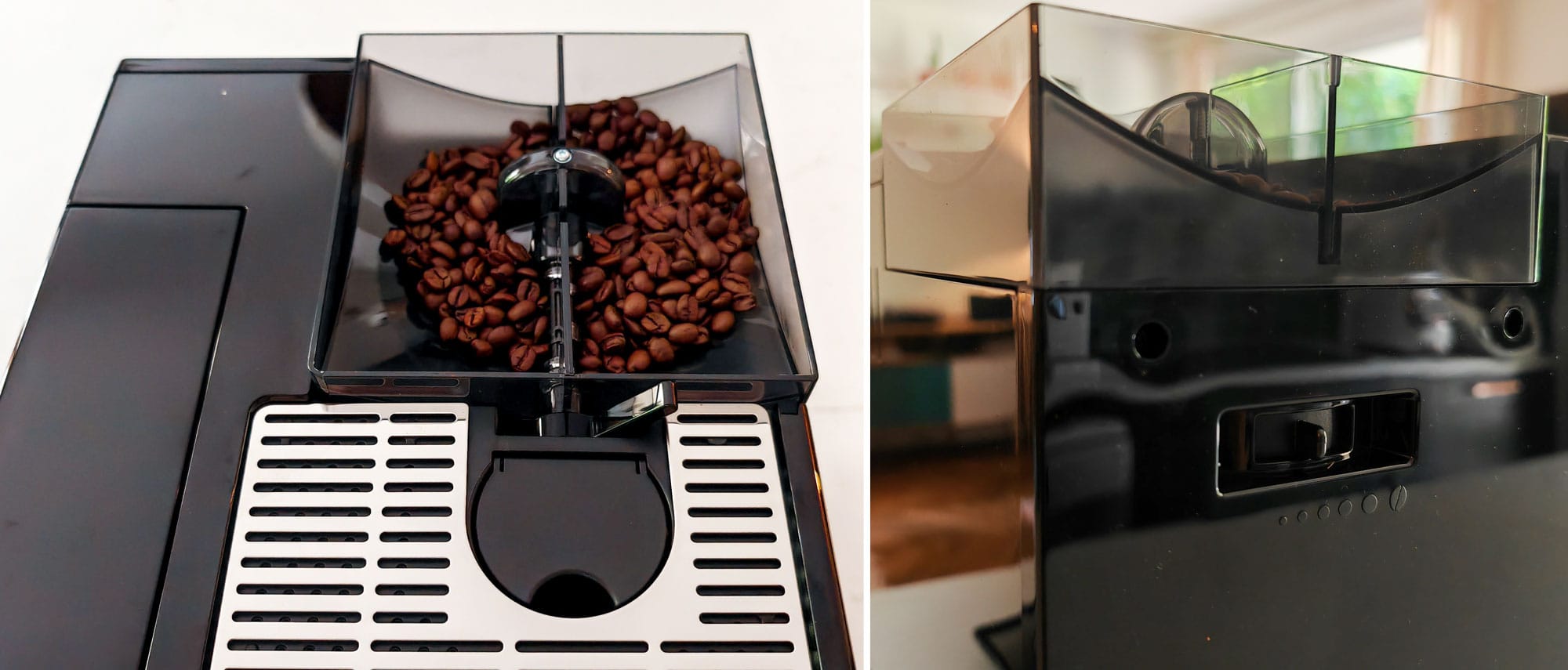 Melitta Latte Select : double bacs à grains & réglage de la mouture à l'arrière. (c) Labo Maison