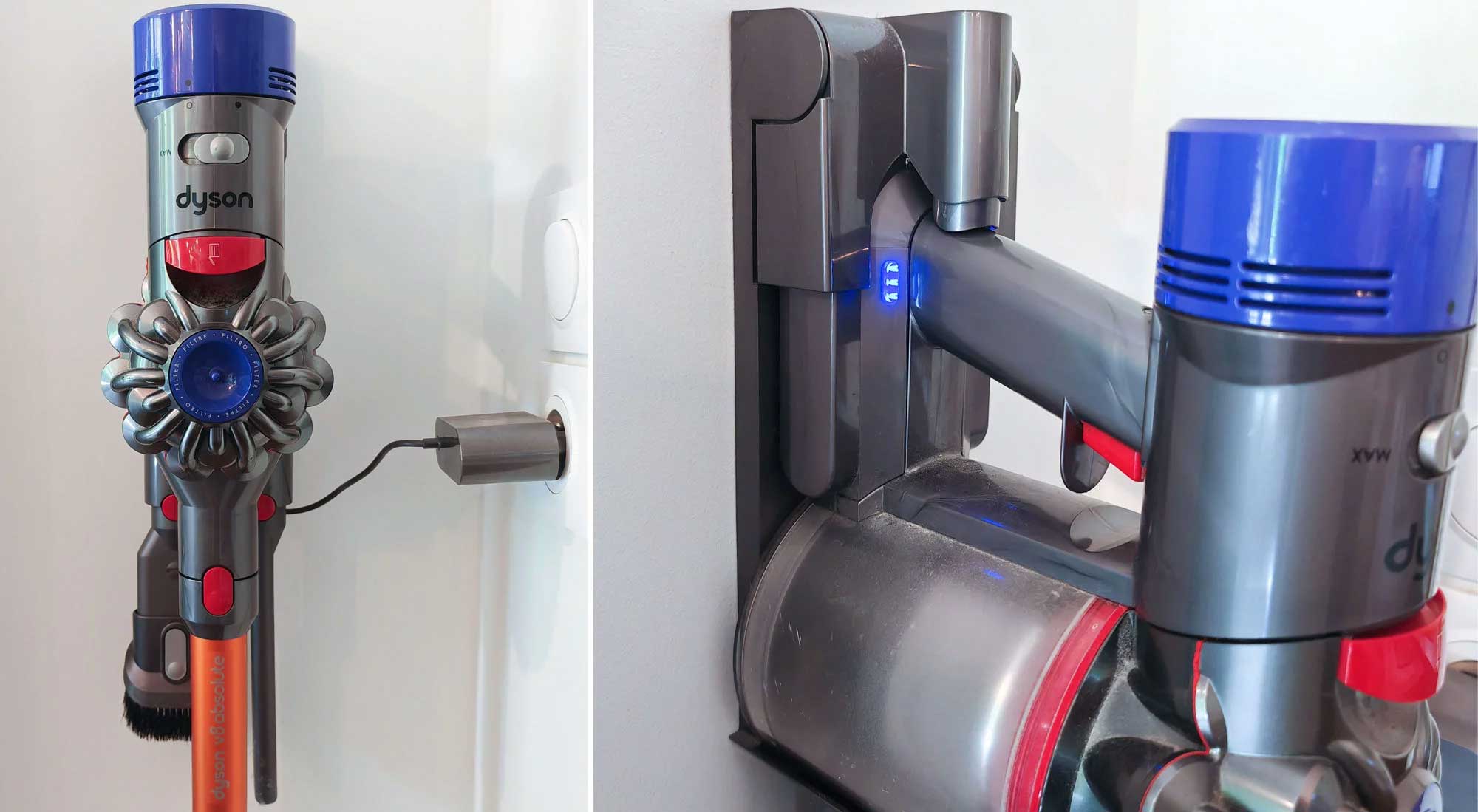 Le Dyson V8 est livré avec un support mural pour charger l'aspirateur balais et y accrocher ses accessoires. (c) Labo Maison