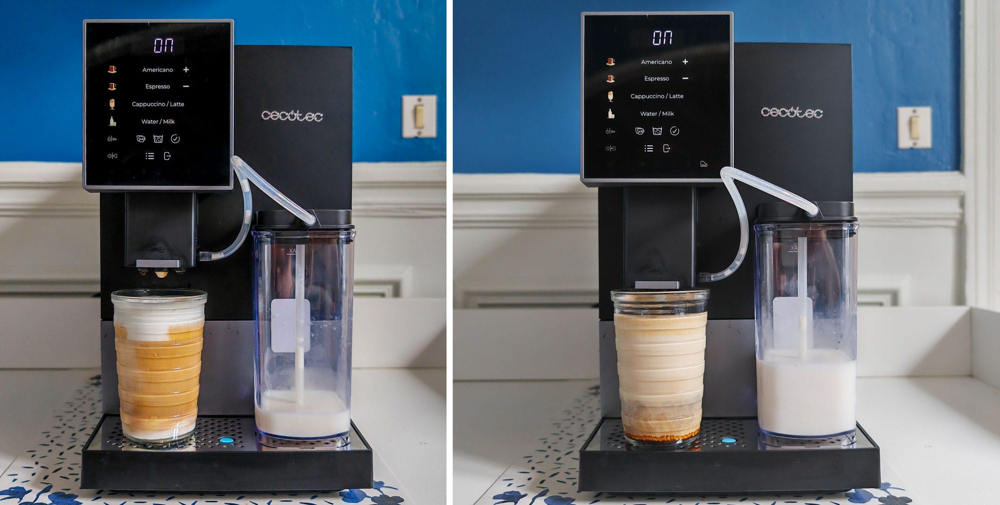 Réalisation d'un cappuccino à gauche et d'un Latte macchiato à droite. (c) Labo Maison
