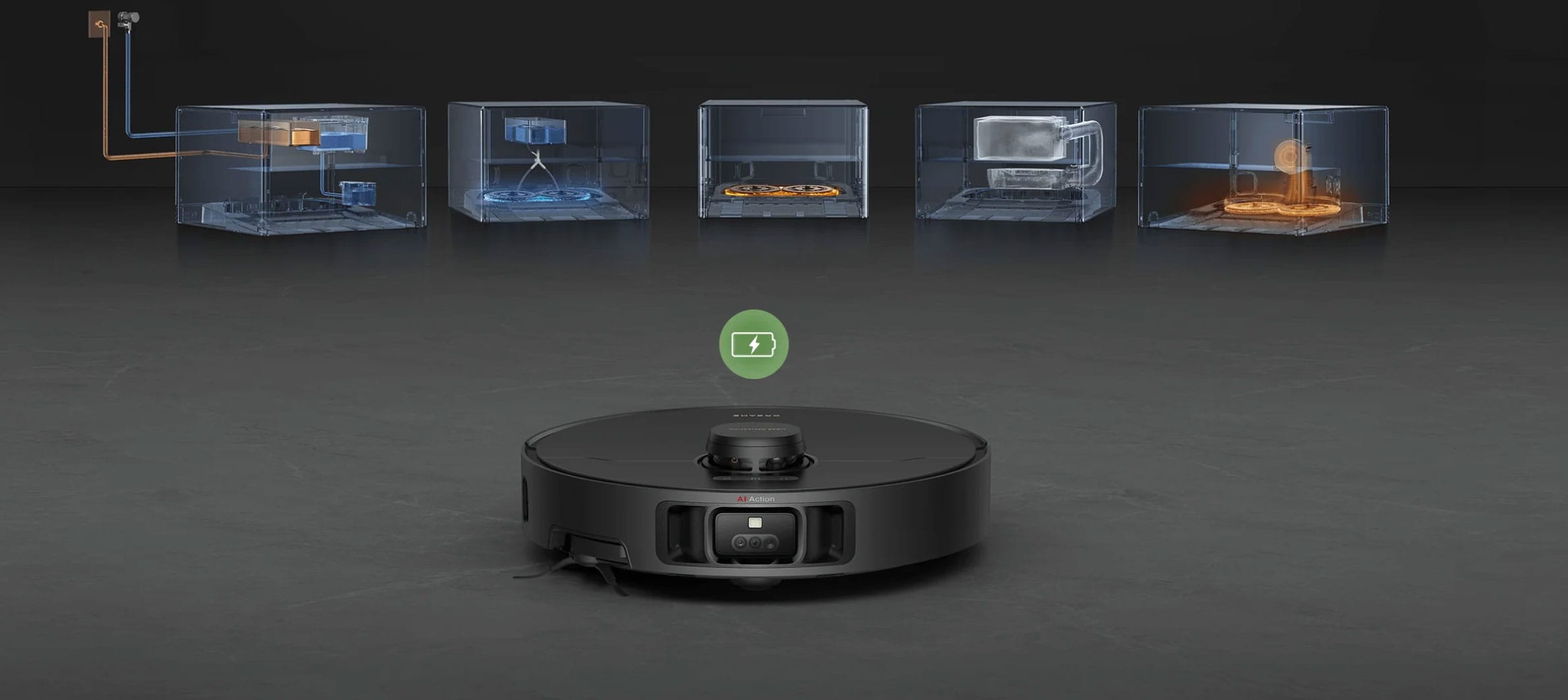 La station du Dreame X40 Master aspire le collecteur, lave à l'eau chaude avec du détergent et sèche à l'air chaud les serpillières.